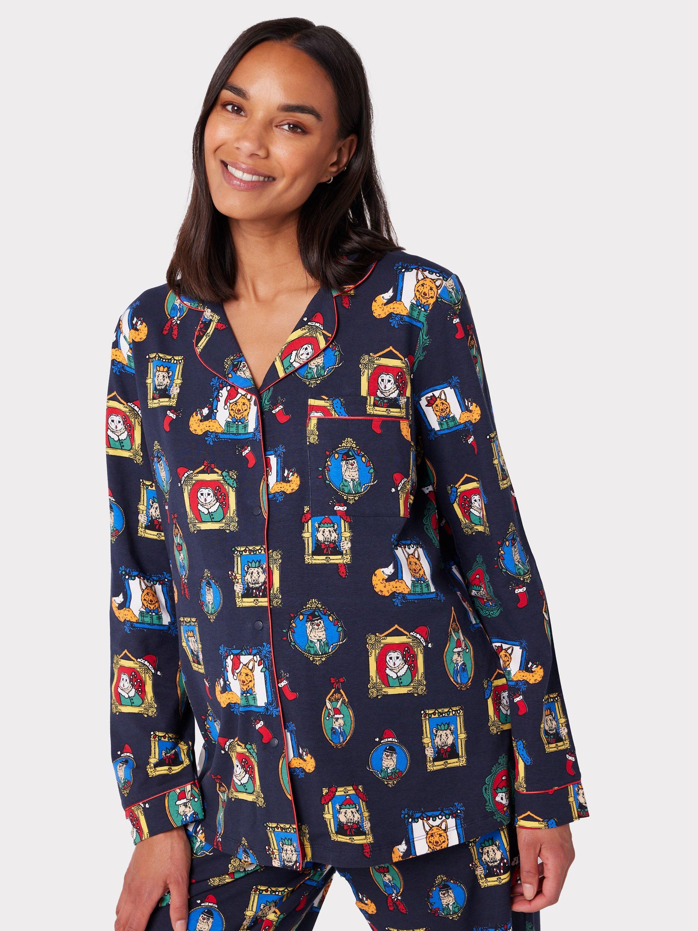 Chelsea Peers Festive Frames Organic Cotton Christmas Maternity Pyjama Set, Navy/Multi