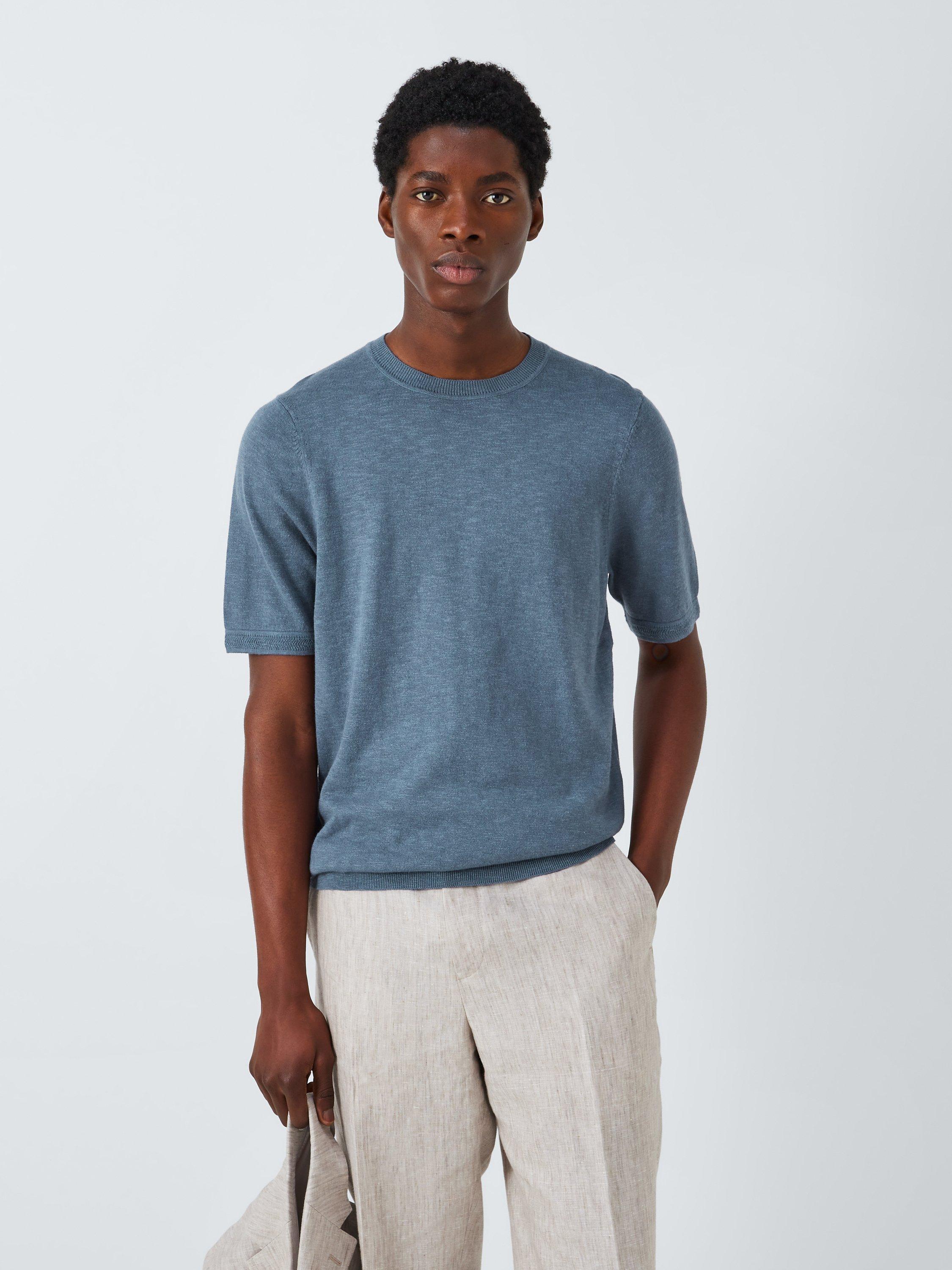 John Lewis Cotton Linen Knit T-Shirt, China Blue, XL