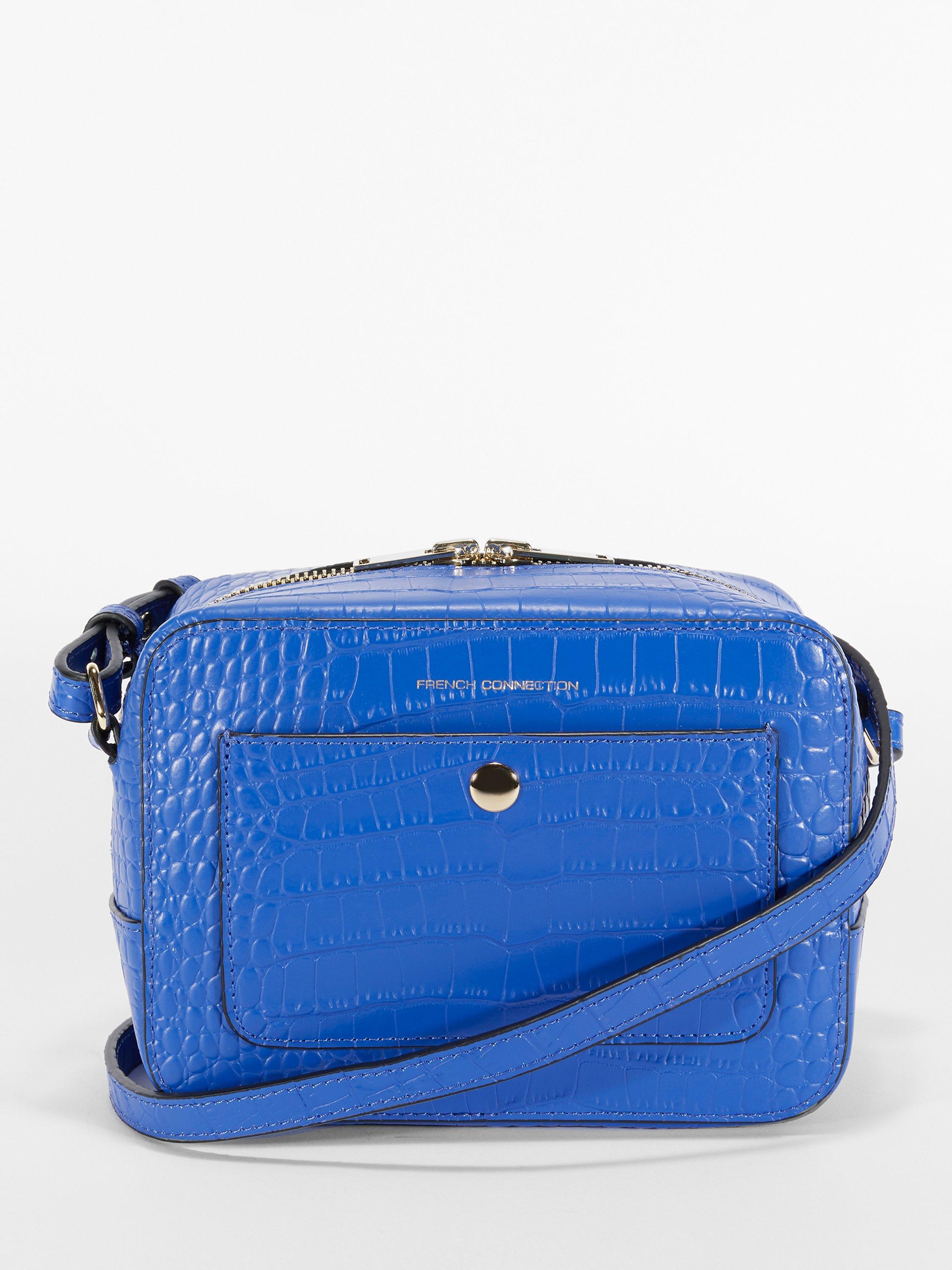 Product image 1 of 4, which shows French Connection Poppini Croc Texture Leather Bag, Ceramic Blue