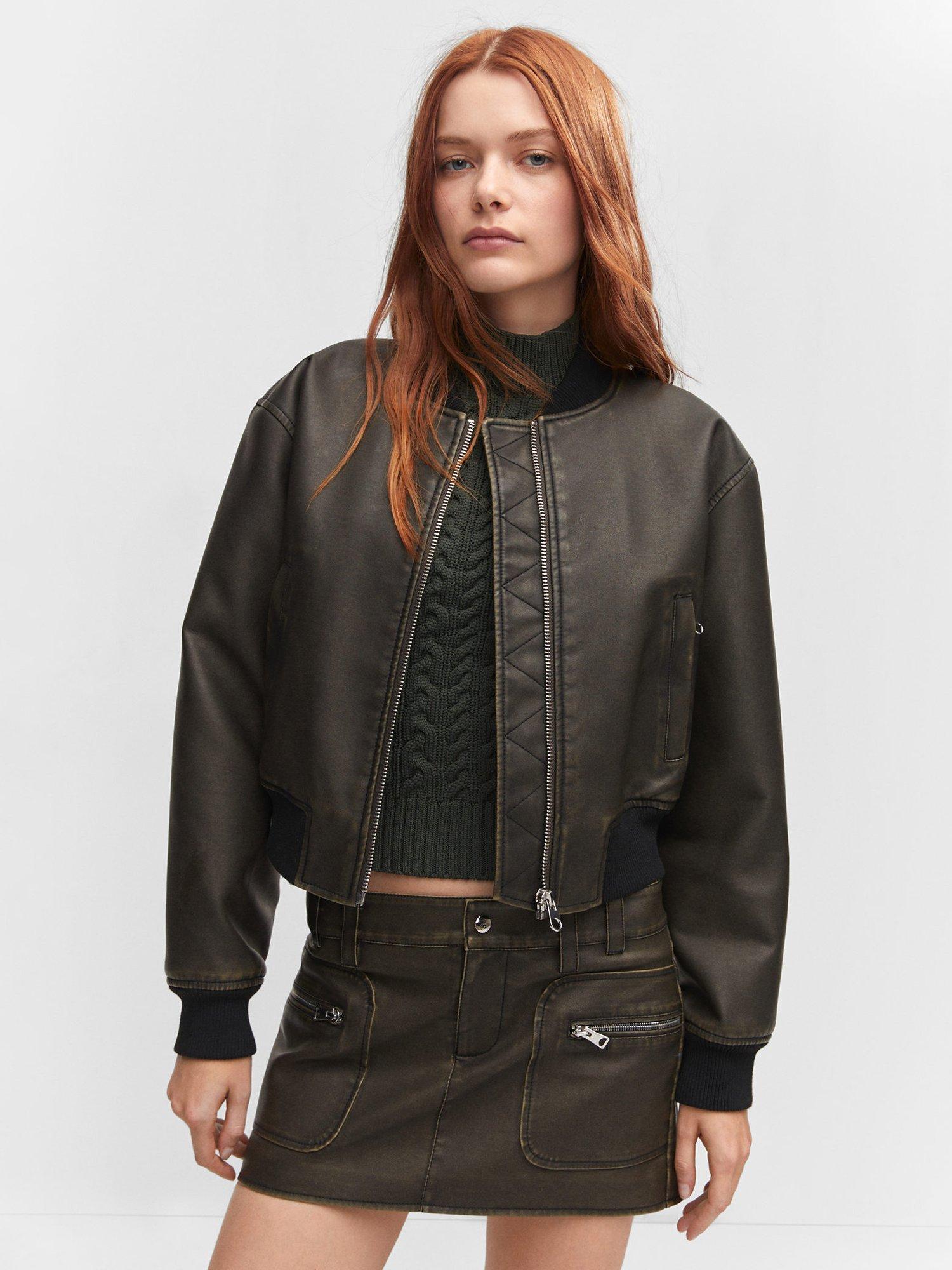 Mango Fantasia Faux Leather Effect Bomber Jacket, Brown