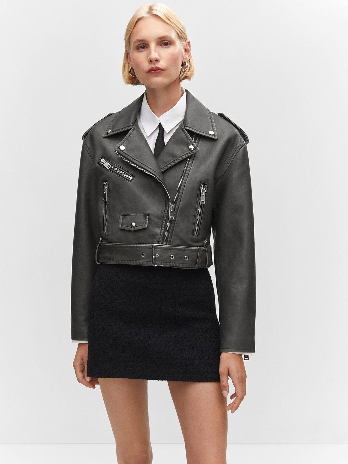Mango Gigi Distressed-Effect Biker Jacket, Black