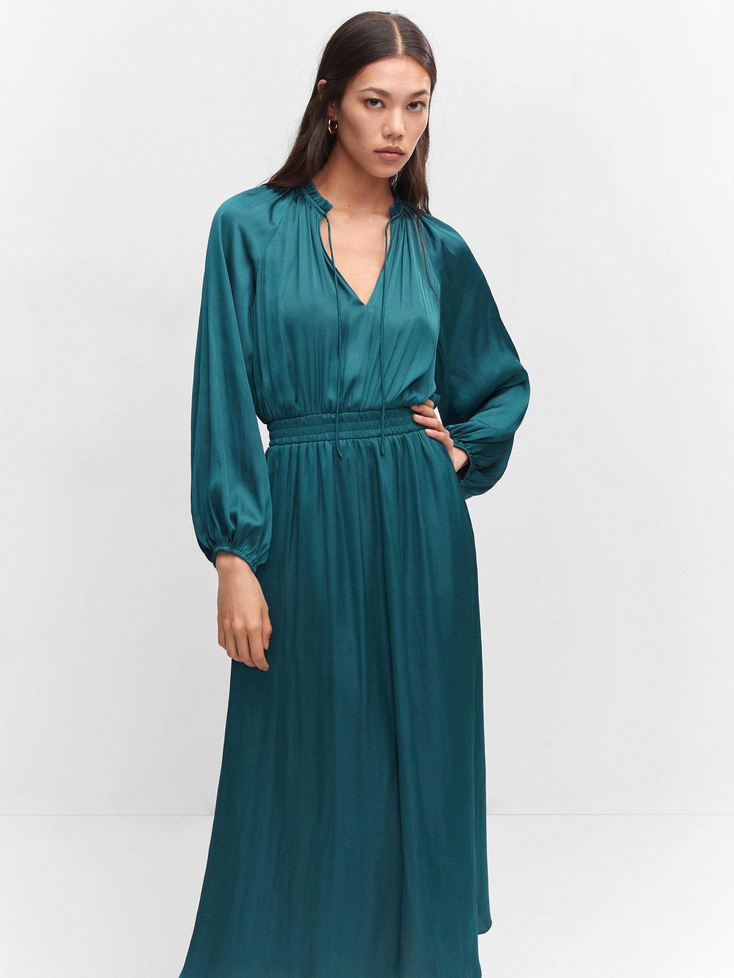 Mango Petro Midi Satin Dress, Dark Blue