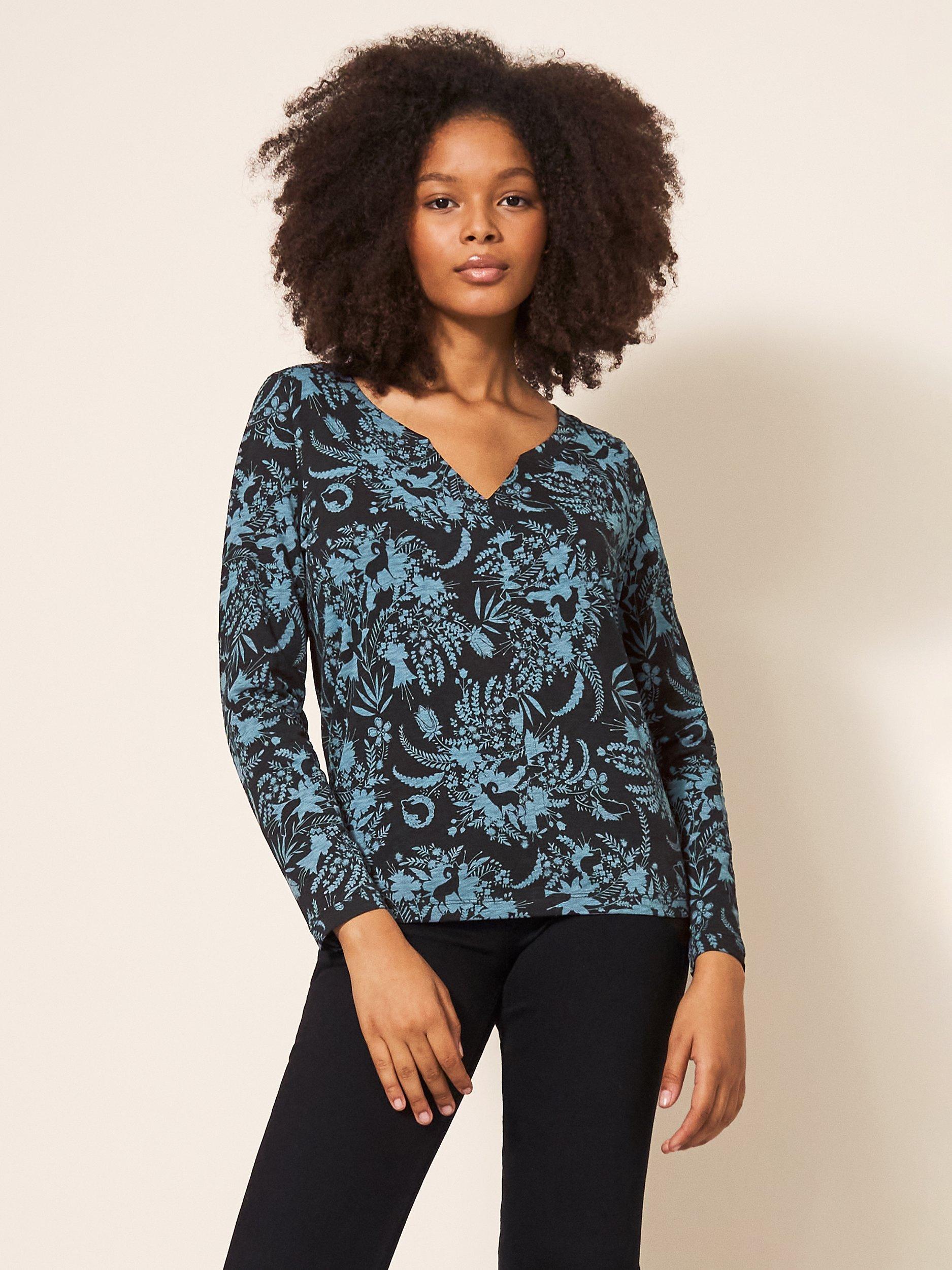 White Stuff Nelly Long Sleeve Print T-Shirt, Black/Blue