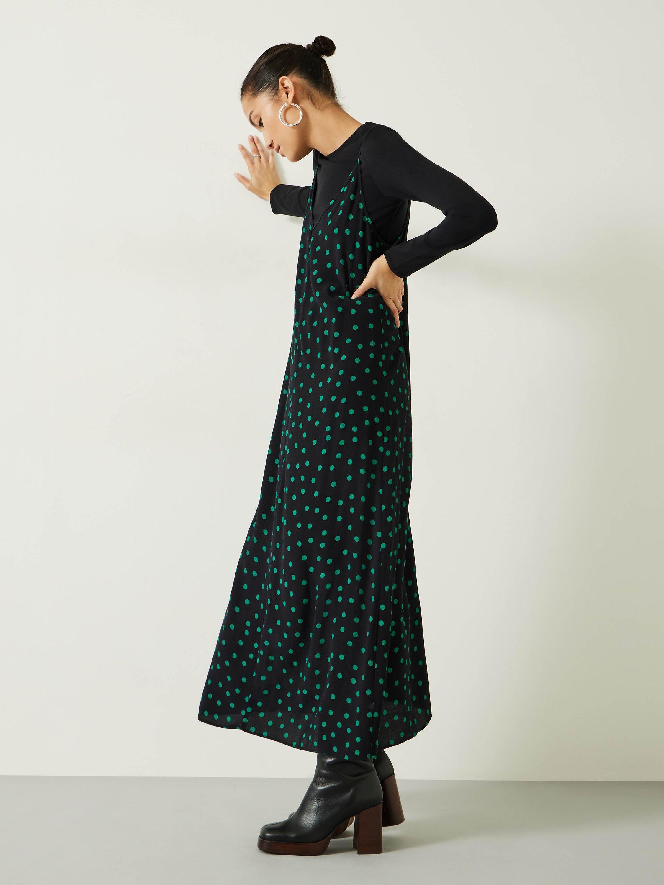 HUSH Eloise Polka Dot Print Midi Slip Dress, Black/Green, 4