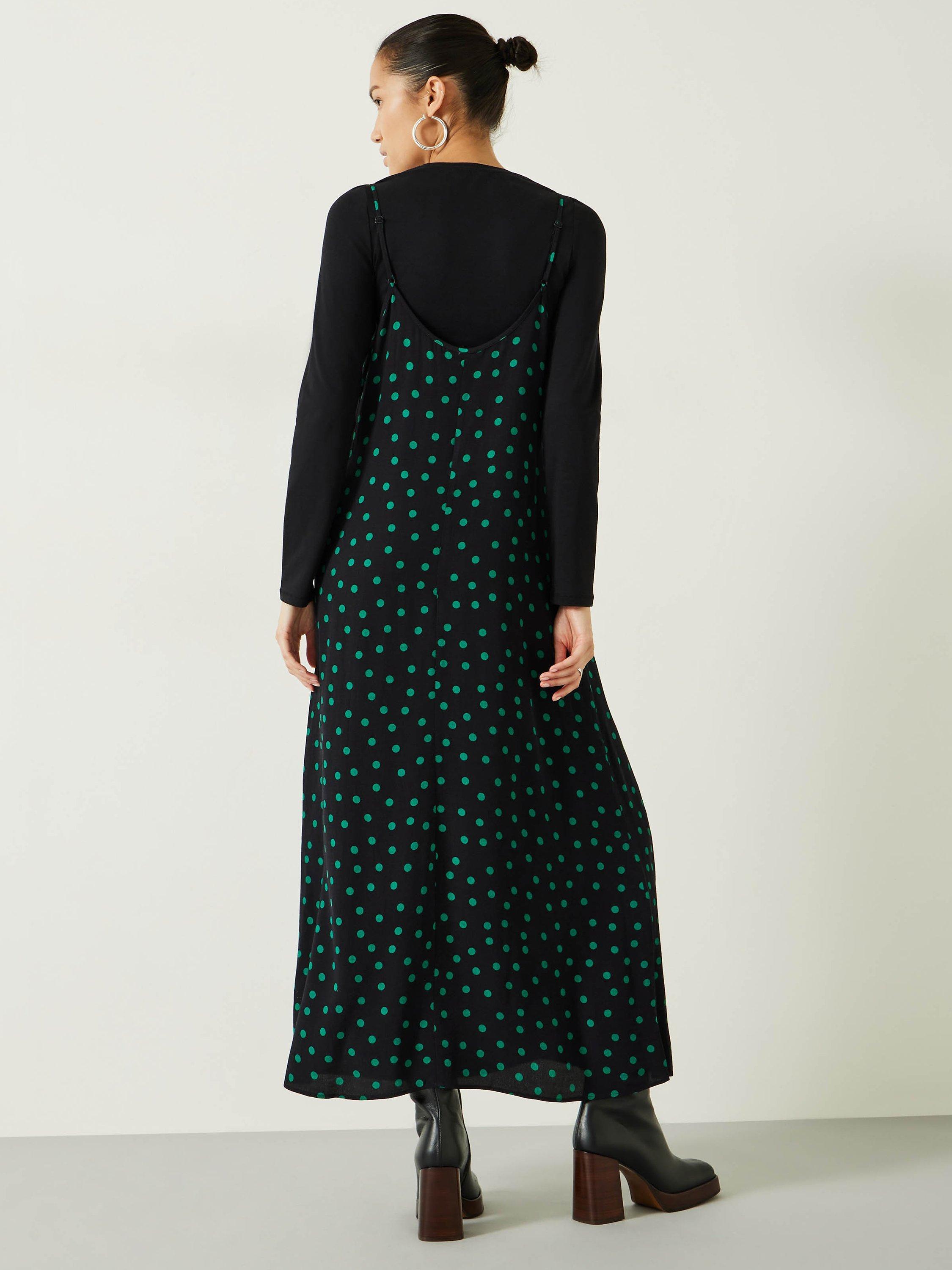 HUSH Eloise Polka Dot Print Midi Slip Dress Black Green