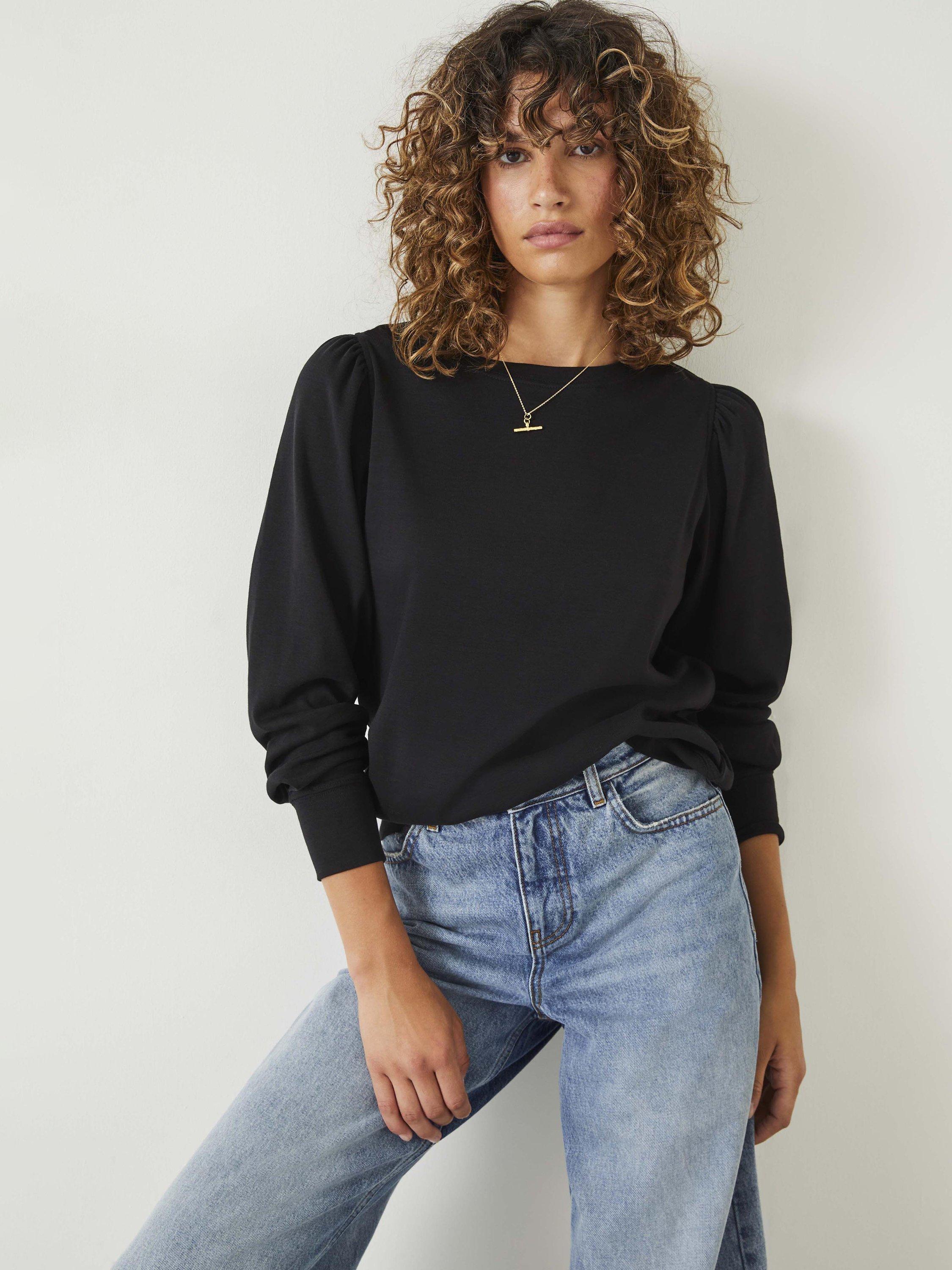 Product image 2 of 5, which shows HUSH Emily Puff Sleeve Cotton Jersey Top, Black, XXS