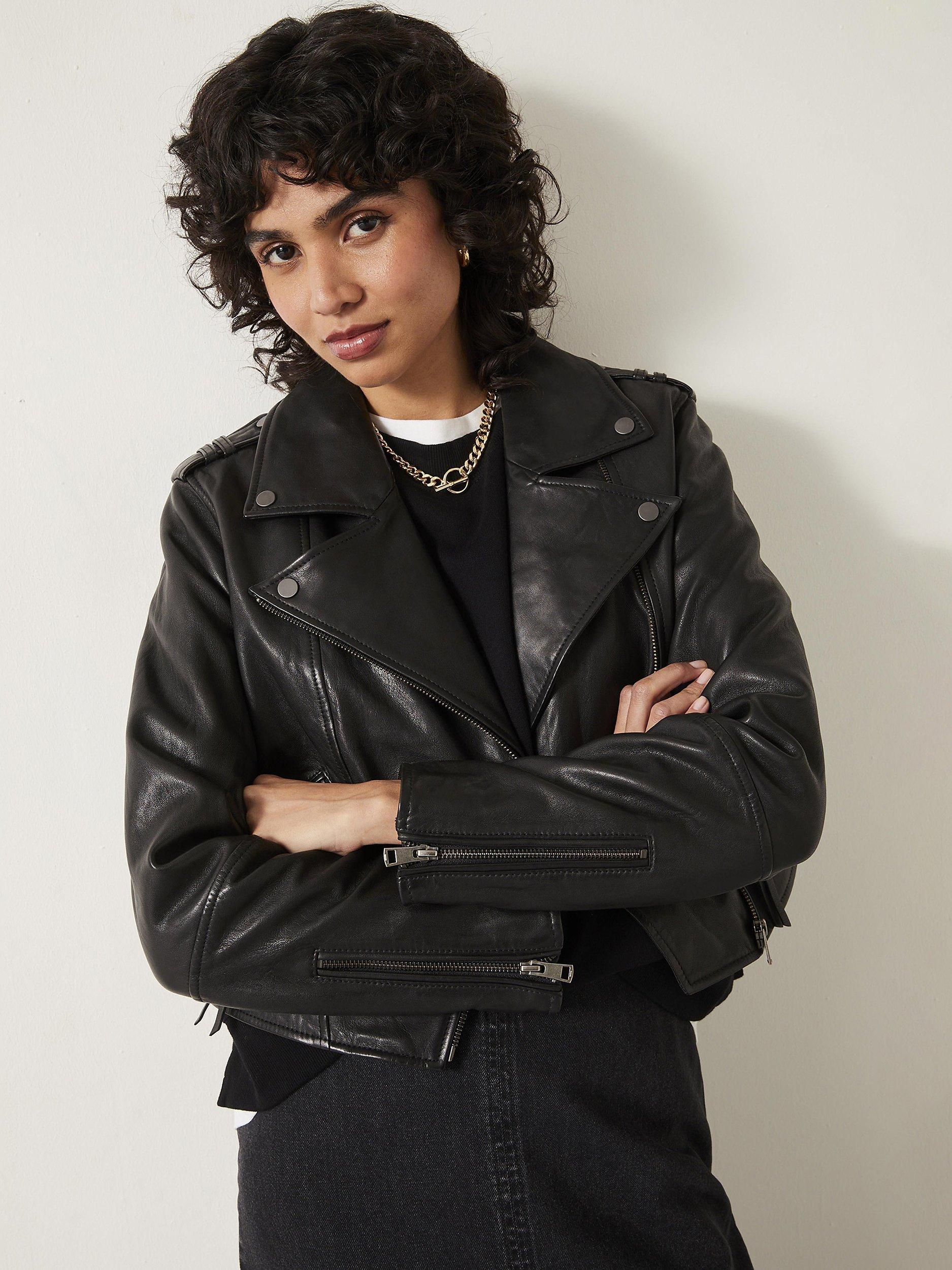 HUSH Jet Cropped Leather Biker Jacket Black