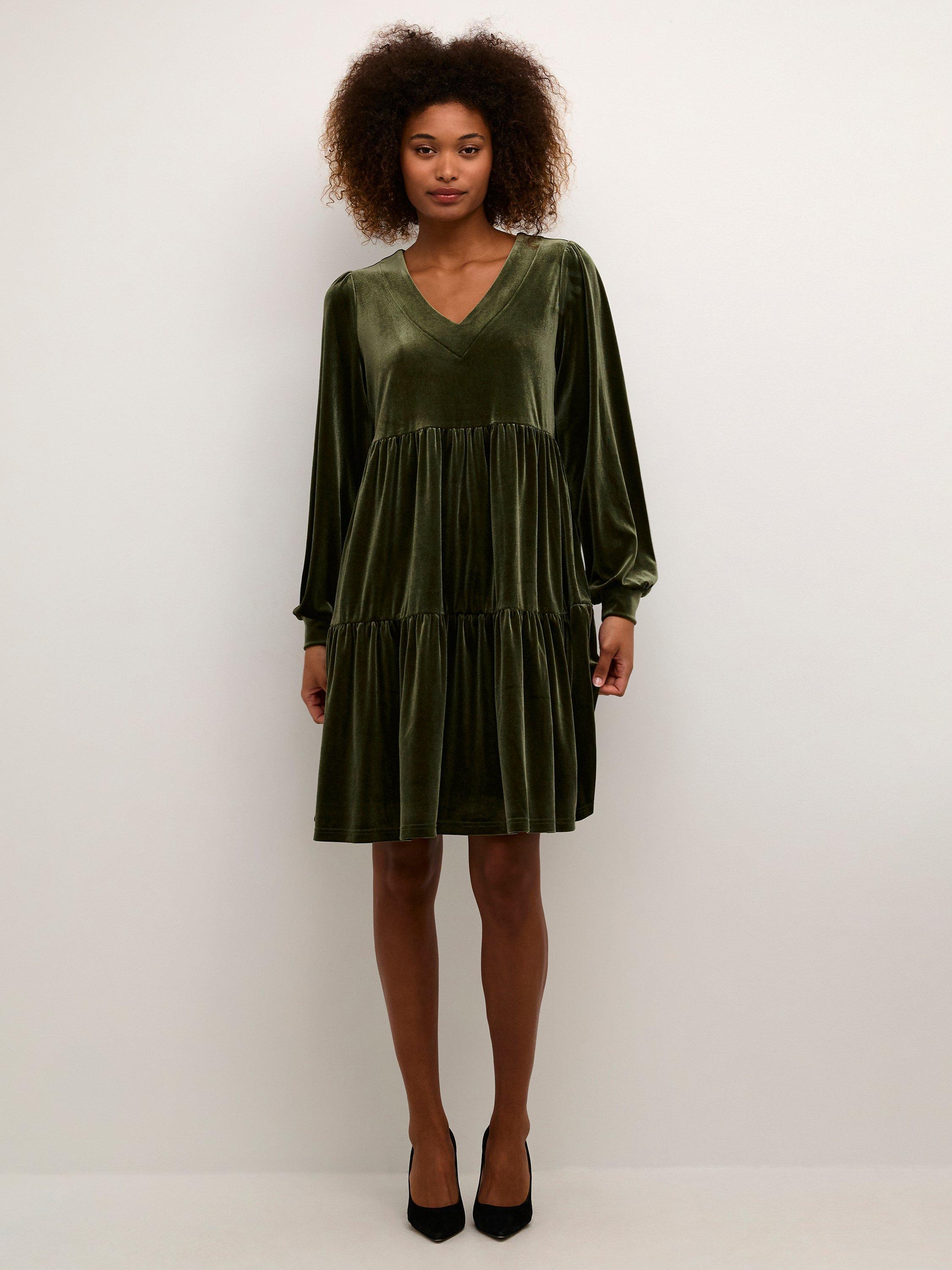 KAFFE Ursula Velvet Knee Length Dress, Forest Night