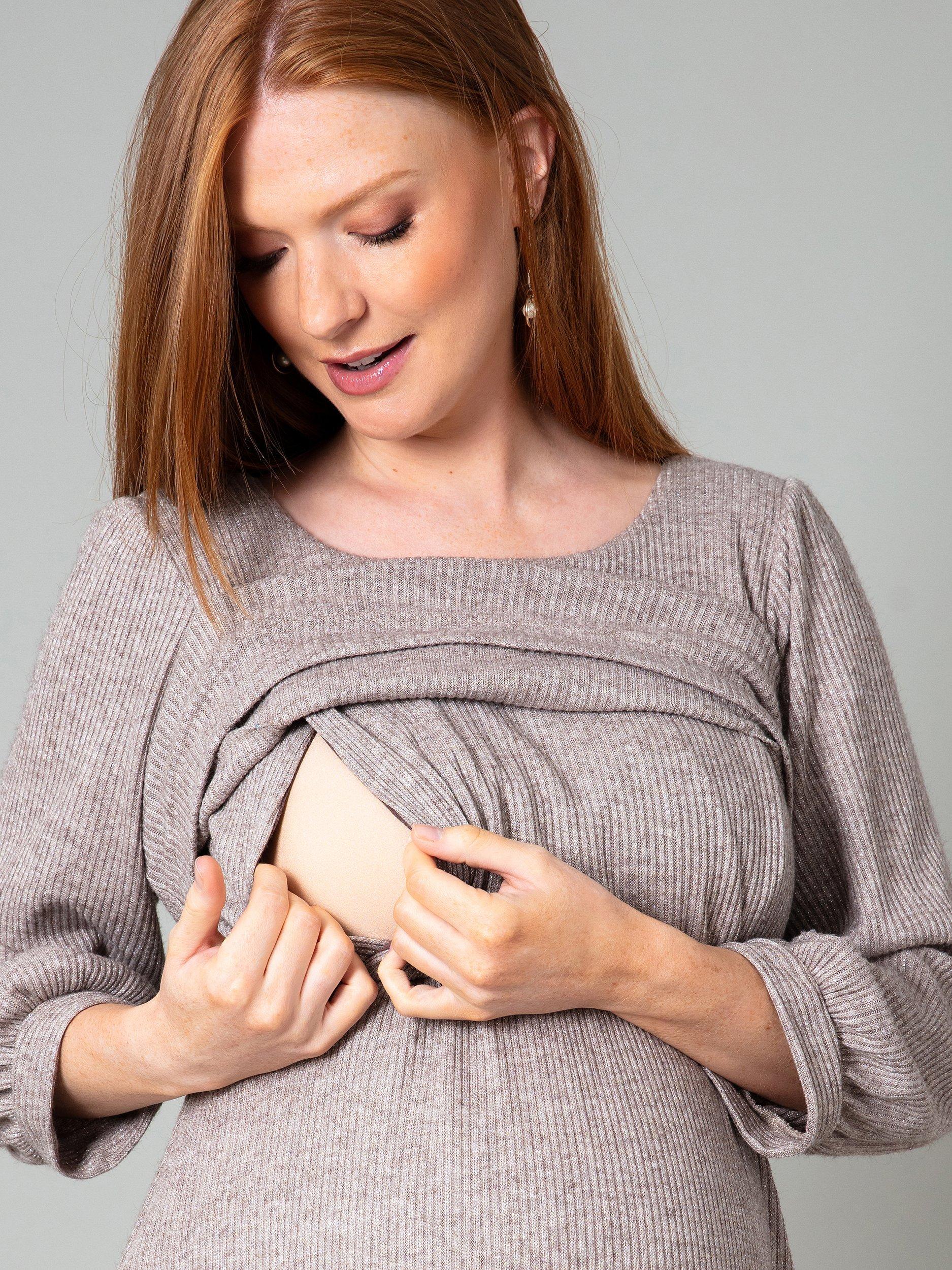 Product image 4 of 11, which shows Tiffany Rose Vivian Maternity Ribbed Jersey Dress, Sparkle Chocolate, 6-8