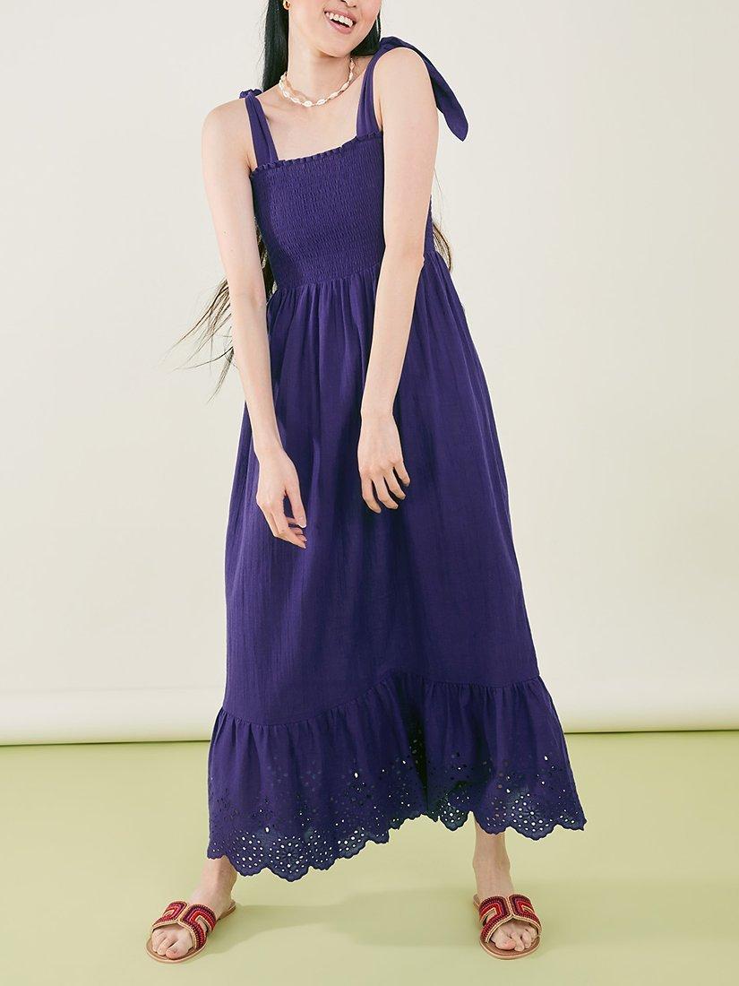 Product image 1 of 4, which shows Accessorize Tie Shoulder Broderie Hem Dress, Navy, XS