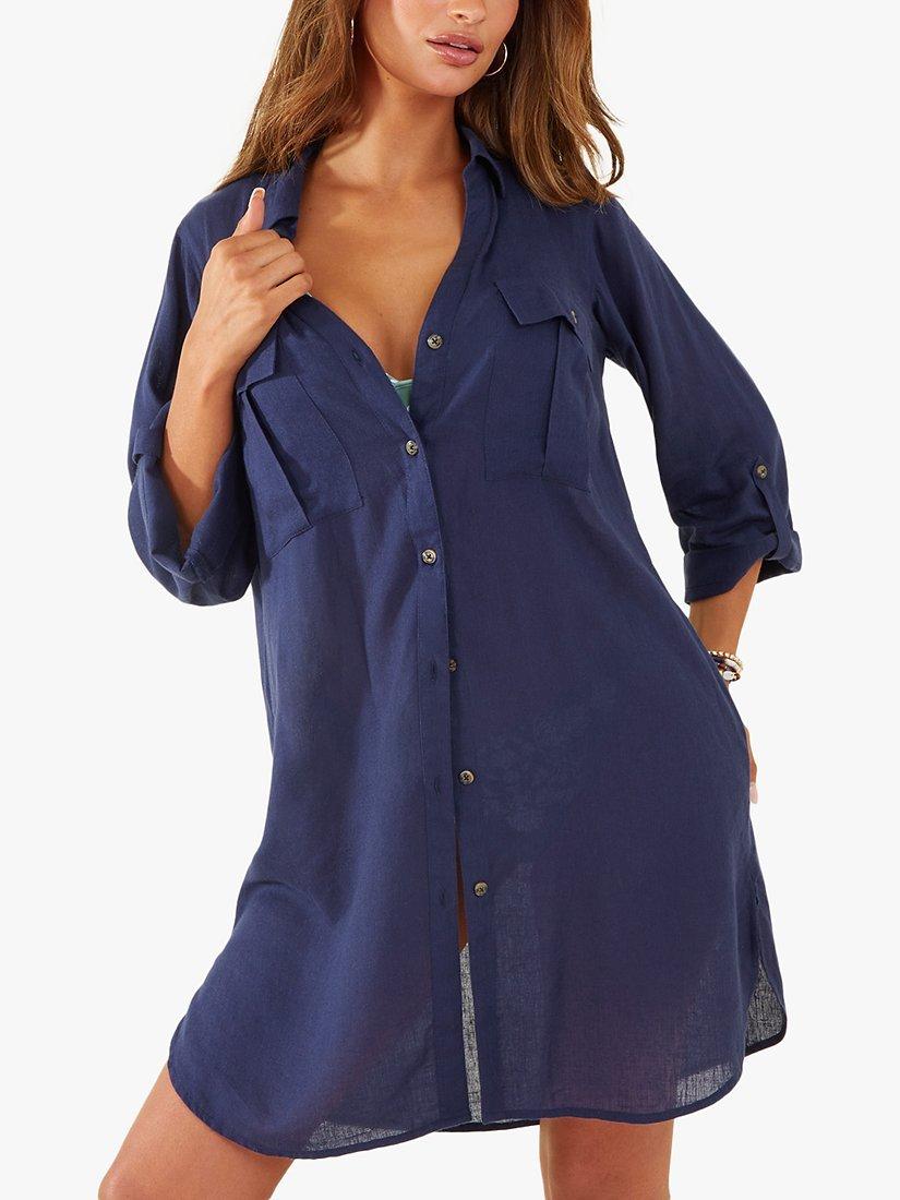 Product image 1 of 4, which shows Accessorize Long Sleeve Sustainable Beach Shirt, Navy, XS