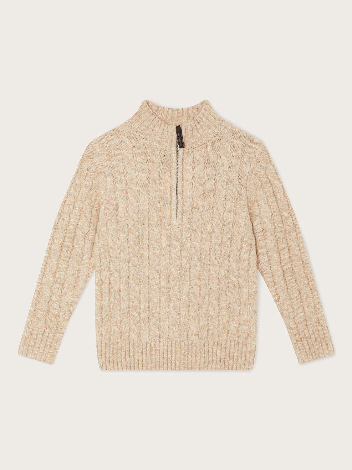 Product image 1 of 3, which shows Monsoon Kids' Cable Half Zip Knitted Jumper, Stone, 7-8 years