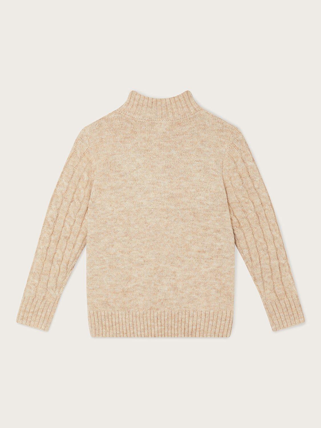 Product image 2 of 3, which shows Monsoon Kids' Cable Half Zip Knitted Jumper, Stone, 7-8 years