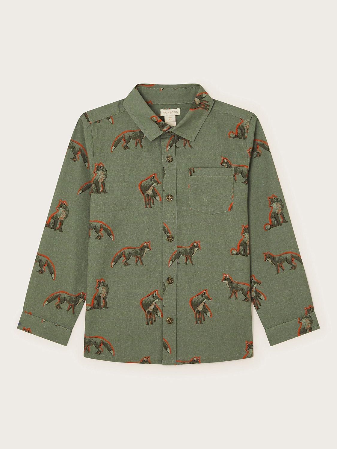 Monsoon Kids' Cotton Fox Print Shirt, Khaki