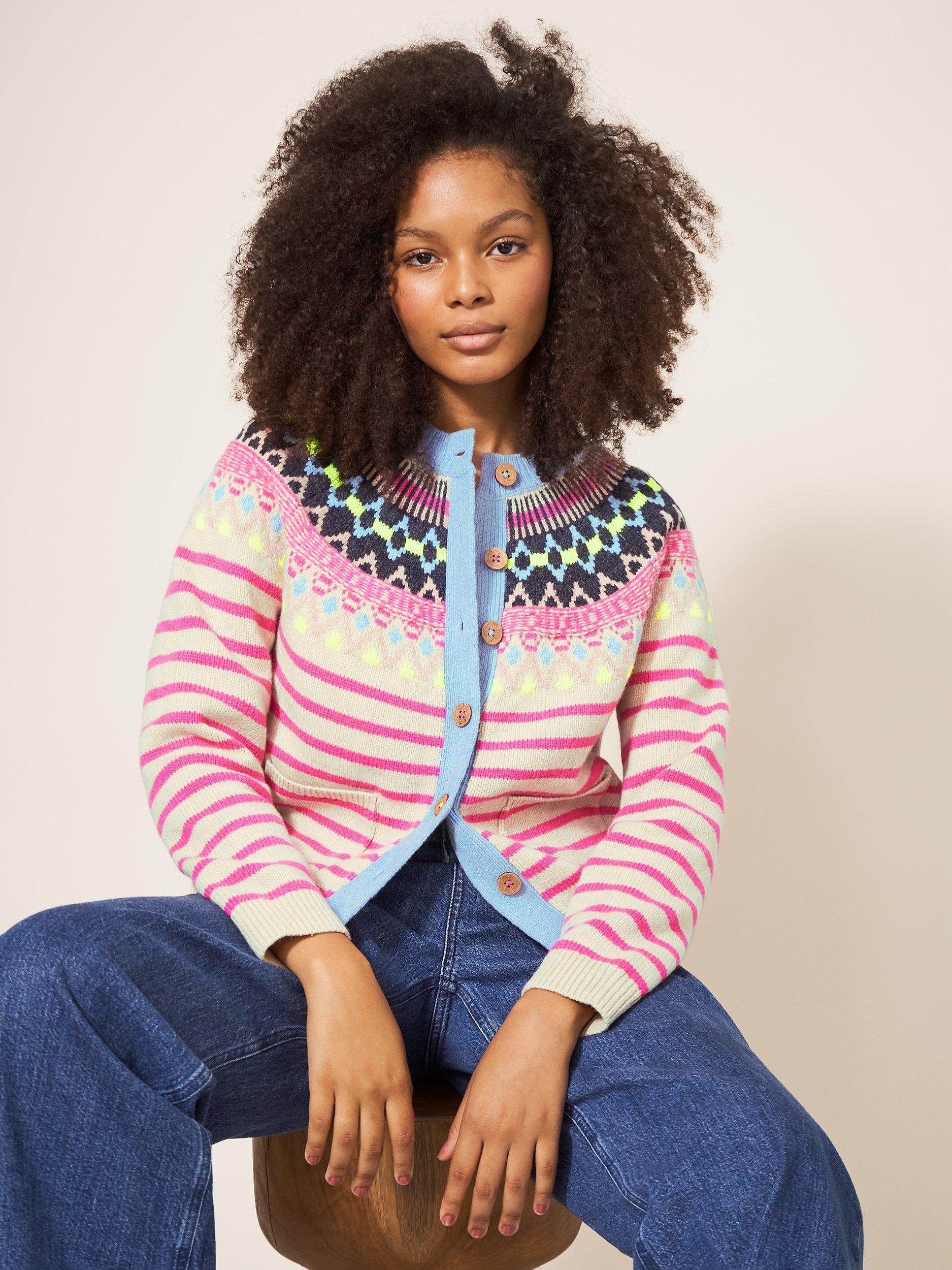 White Stuff Woodland Wool Blend Fair Isle Cardigan Pink Multi