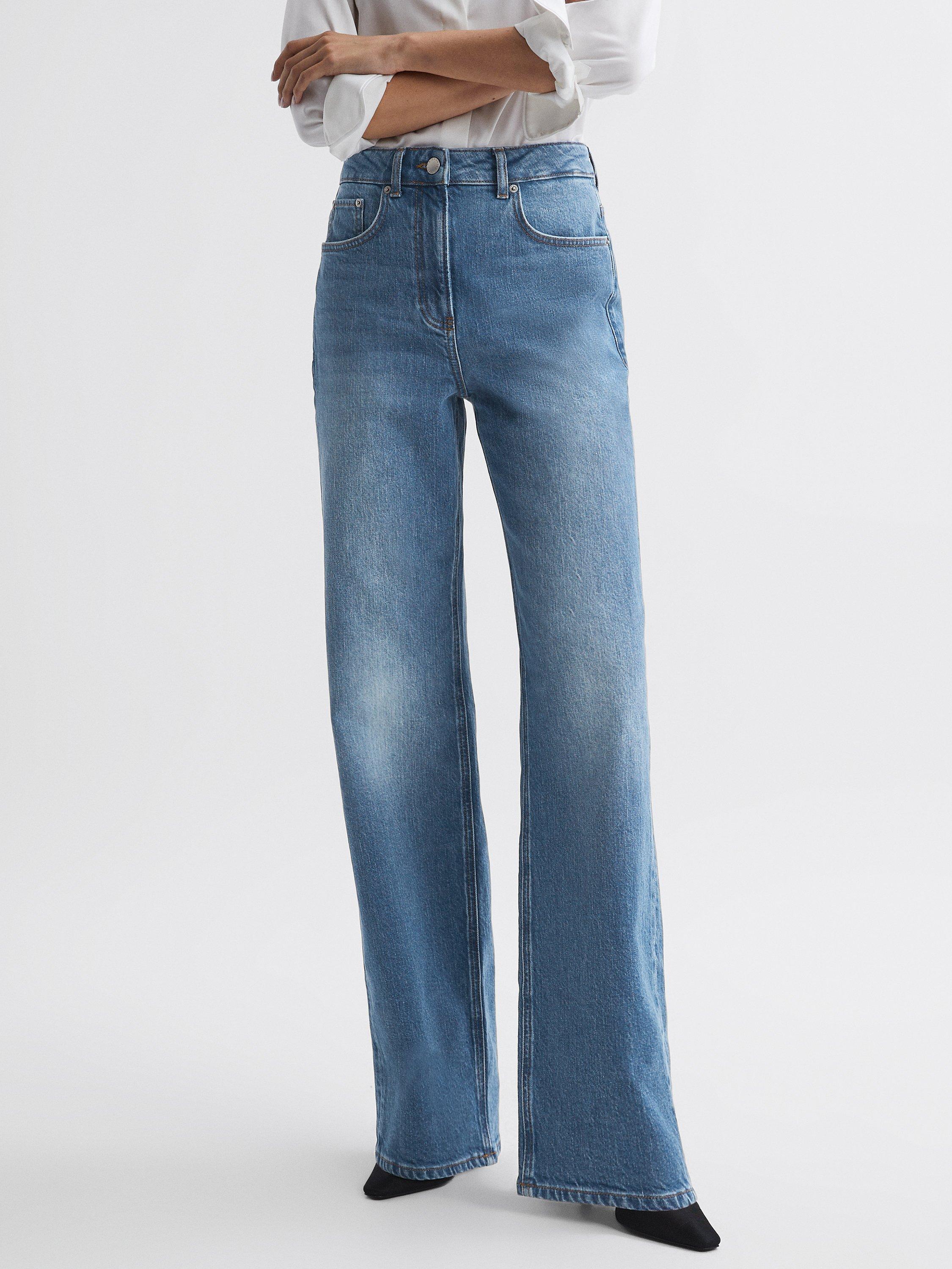 Reiss Petite Marion Mid Rise Wide Leg Jeans, Mid Blue