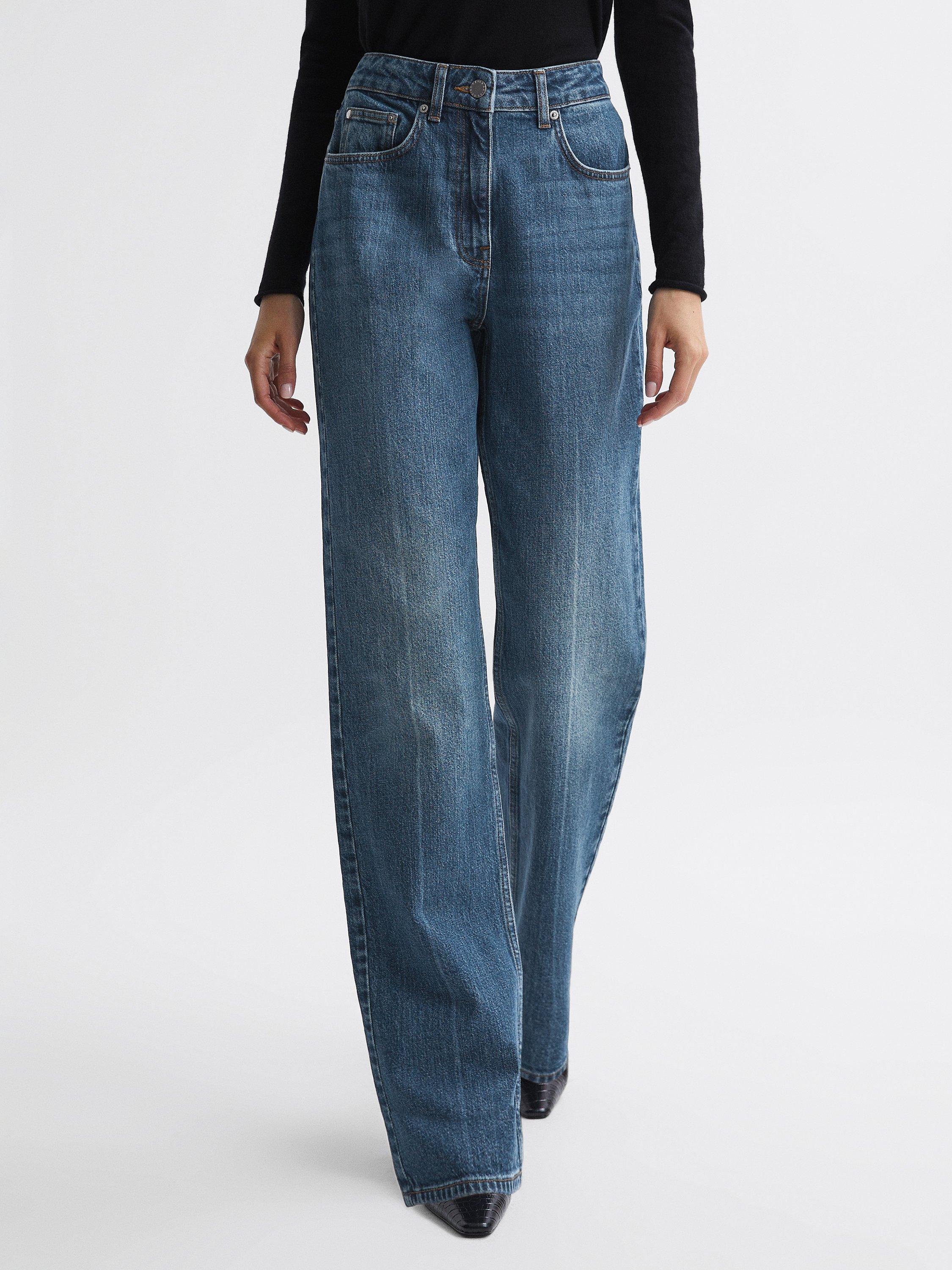 Reiss Petite Hallow High Rise Straight Leg Jeans. Mid Blue