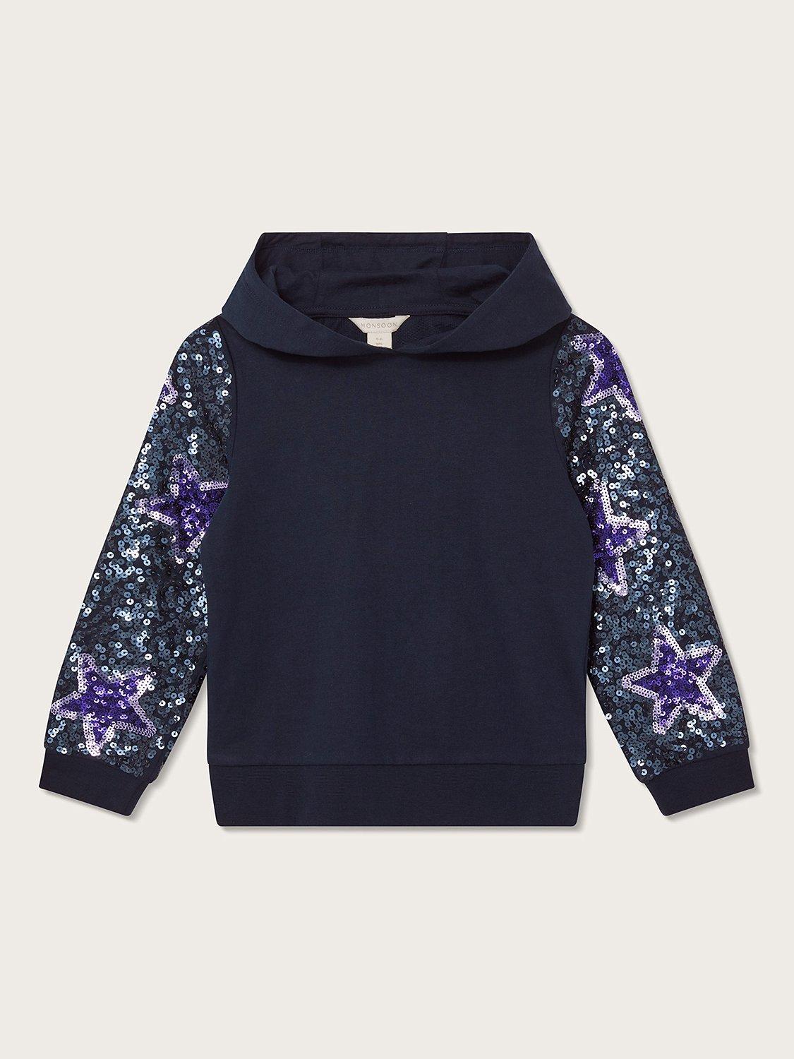 Product image 1 of 3, which shows Monsoon Kids' Star Sequin Sleeve Hooded Sweatshirt, Navy, 11-12 years