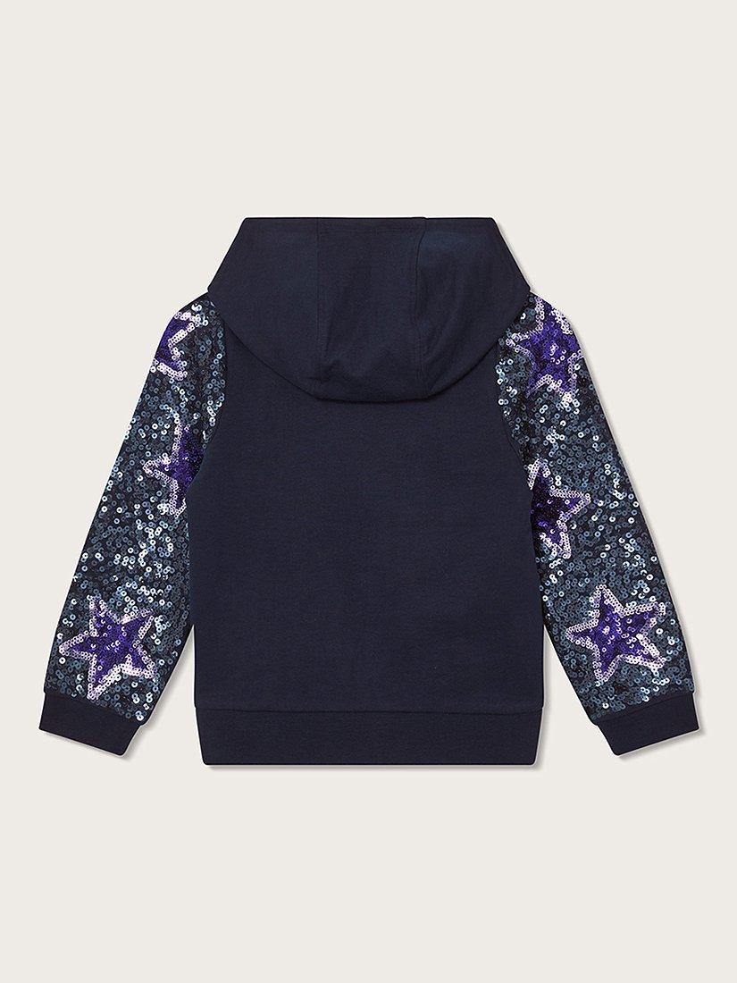 Product image 2 of 3, which shows Monsoon Kids' Star Sequin Sleeve Hooded Sweatshirt, Navy, 11-12 years