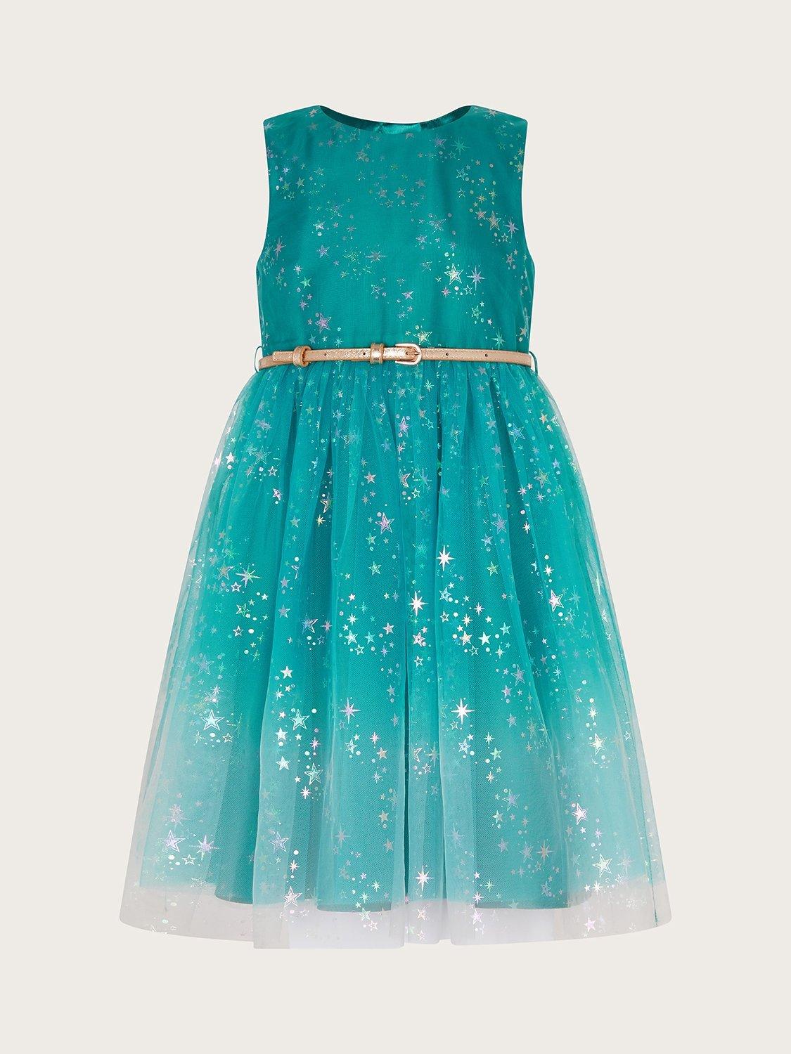 Monsson Kids' Ombre Star Print Tulle Belted Party Dress, Teal