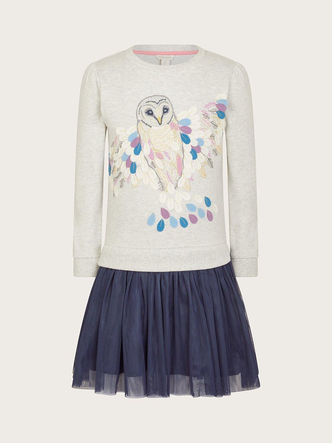 Monsoon Kids' WWF Owl Sweatshirt Dress, Grey/Multi
