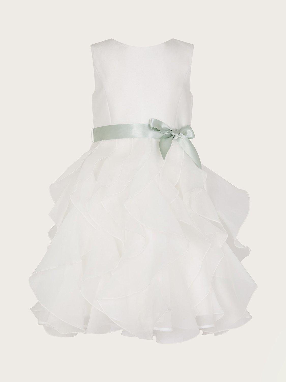 Monsoon Kids' Cannes Organza Ruffle Satin Ribbon Bow Dress, Ivory, 3 years