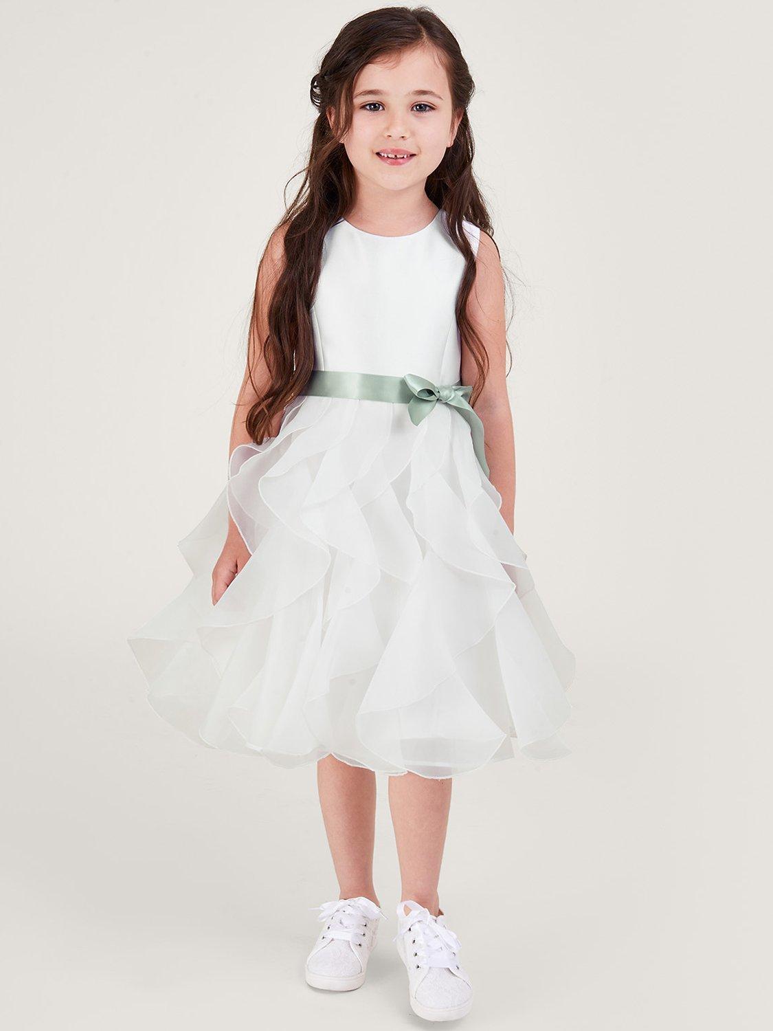 Monsoon Kids' Cannes Organza Ruffle Satin Ribbon Bow Dress, Ivory, 3 years