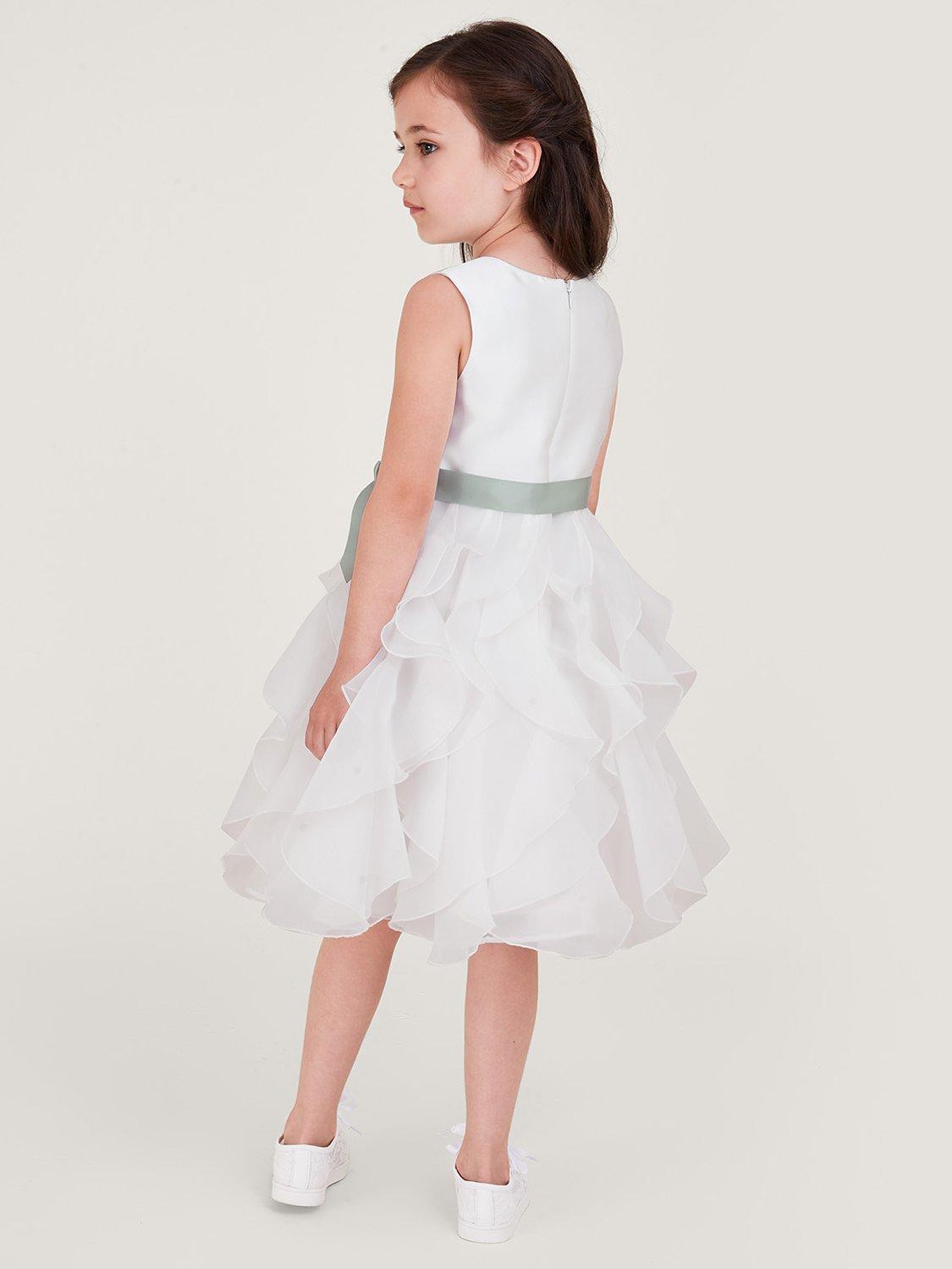 Monsoon Kids' Cannes Organza Ruffle Satin Ribbon Bow Dress, Ivory, 3 years