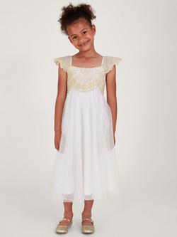 Monsoon Kids' Estella Lace Embroidered Glitter Party Dress, Gold, Gold