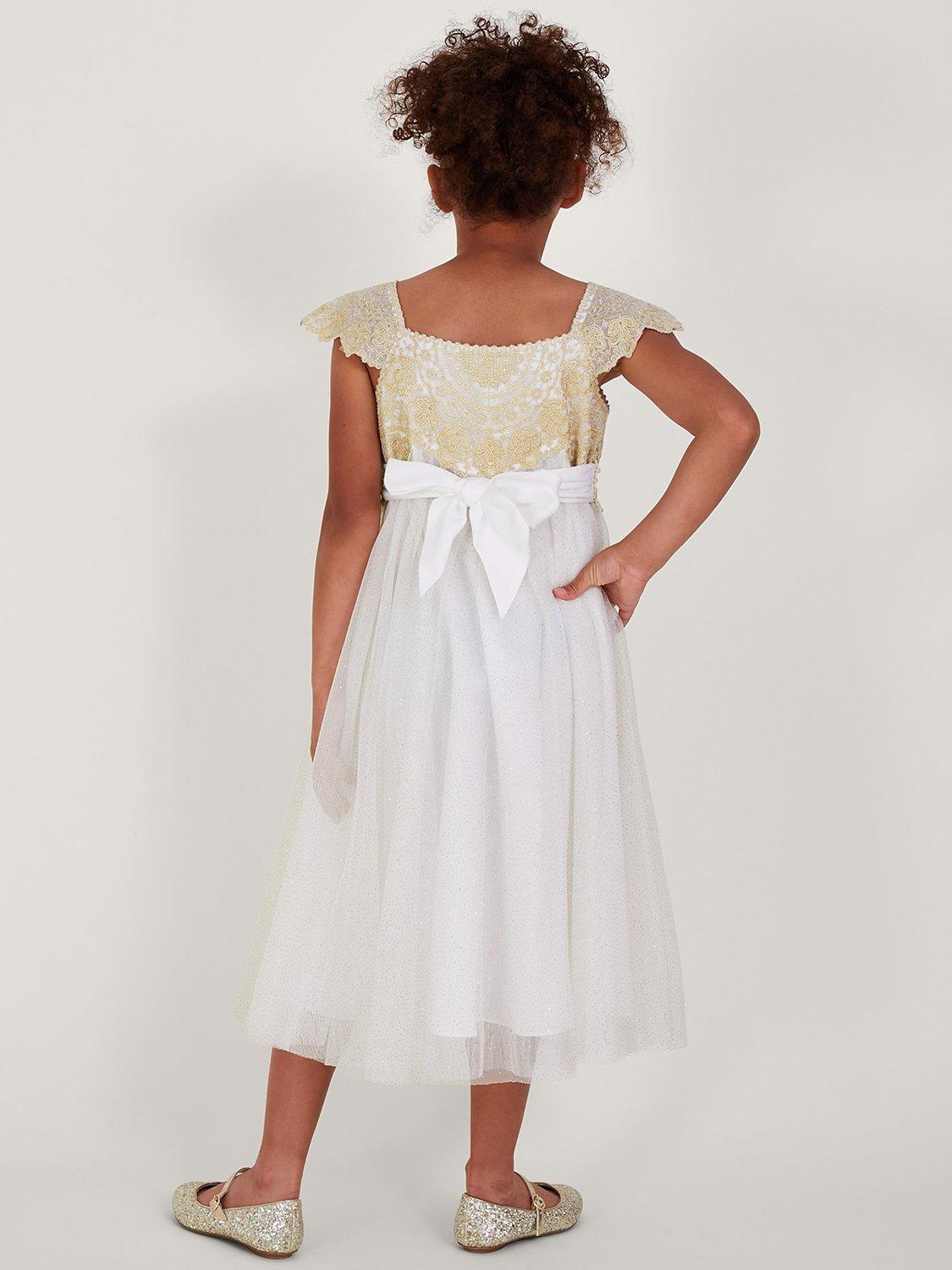 Product image 2 of 5, which shows Monsoon Kids' Estella Lace Embroidered Glitter Party Dress, Gold, 3 years