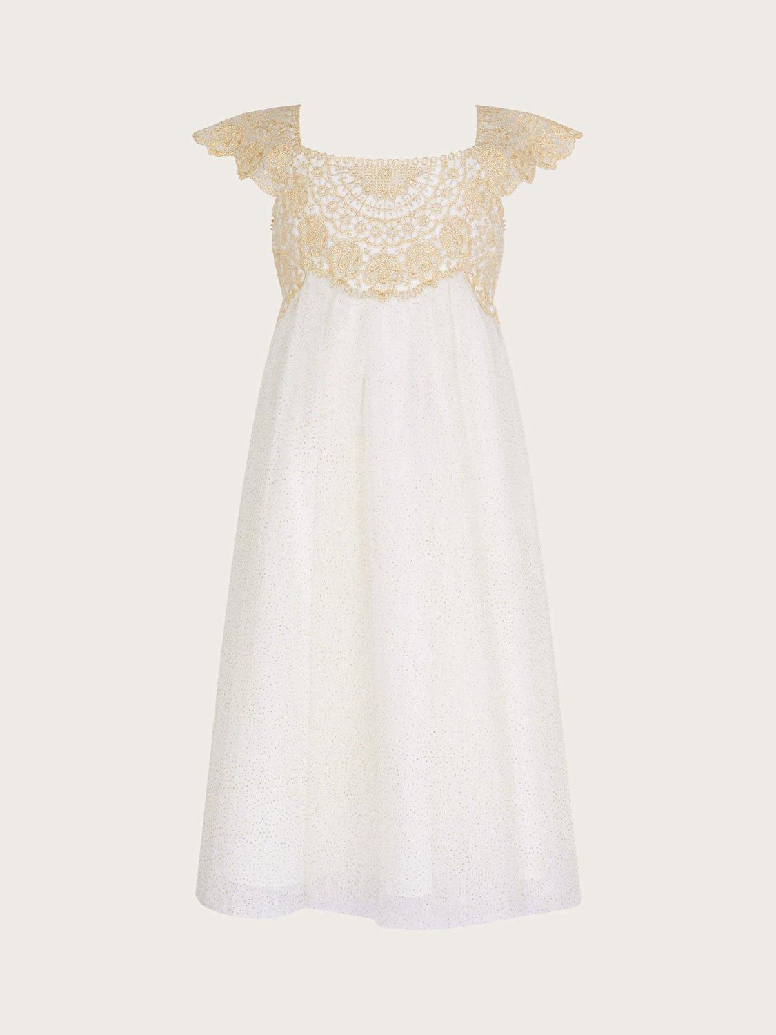 Product image 3 of 5, which shows Monsoon Kids' Estella Lace Embroidered Glitter Party Dress, Gold, 3 years