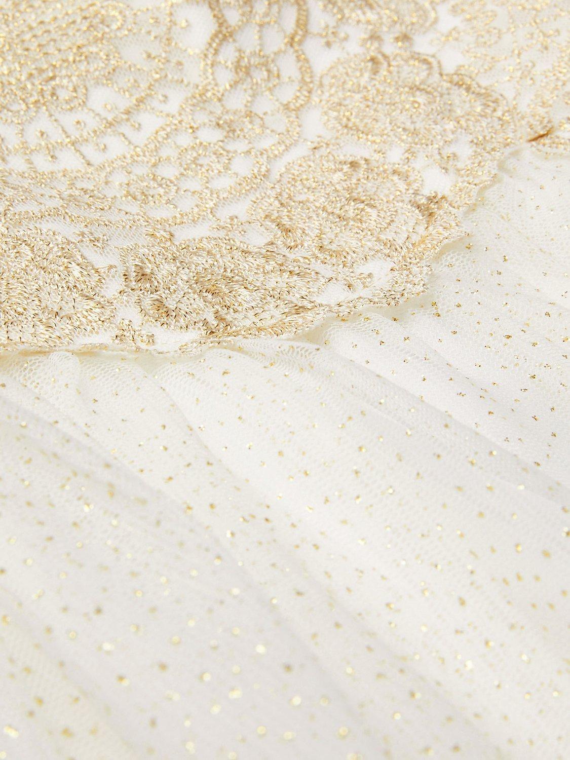 Product image 5 of 5, which shows Monsoon Kids' Estella Lace Embroidered Glitter Party Dress, Gold, 3 years