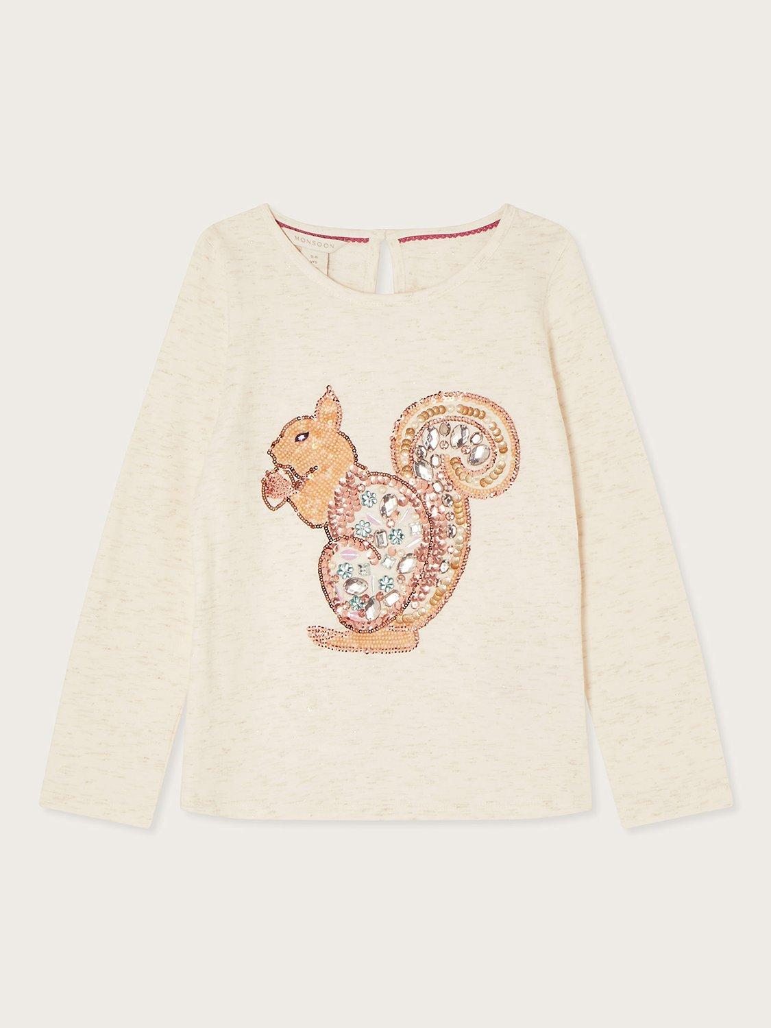 Monsoon Kids' Squirrel Embellished Long Sleeve T-Shirt, Ivory