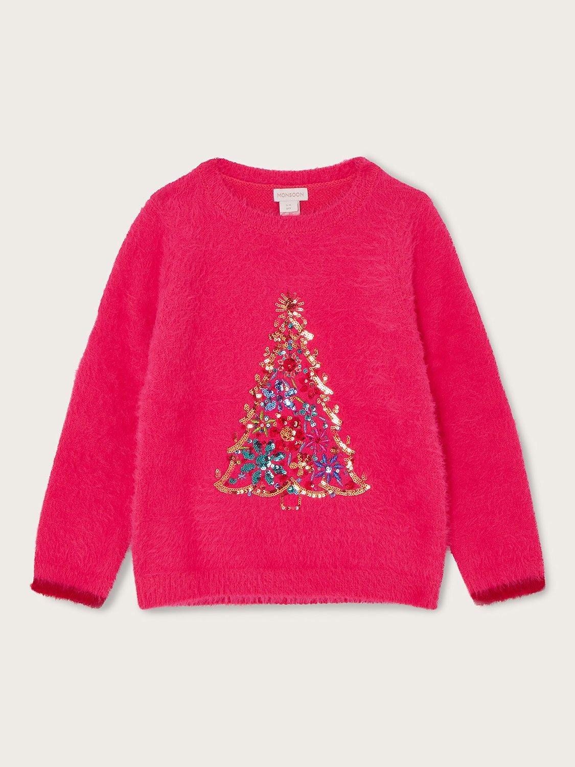 Monsoon Kids' Sequin Christmas Tree Jumper, Bright Pink