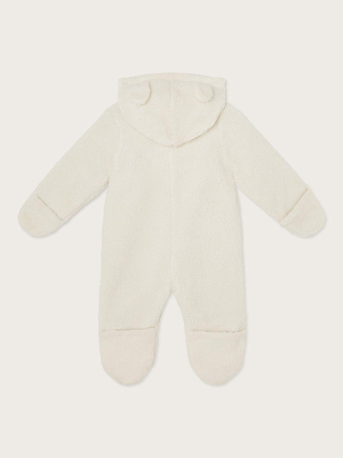 Product image 2 of 3, which shows Monsoon Baby Teddy Pramsuit, Ivory, 0-3 months