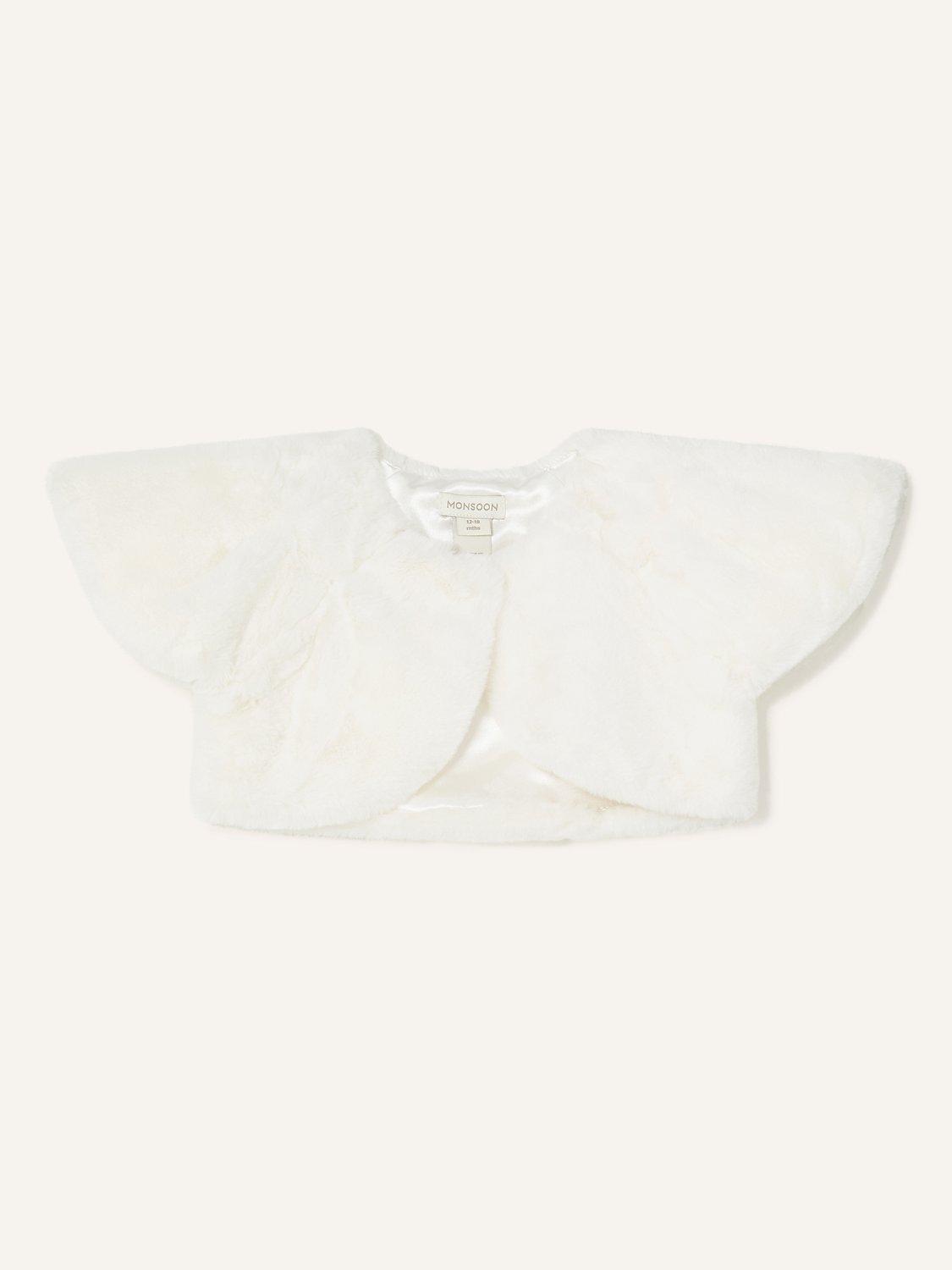 Monsoon Baby Faux Fur Collar Cotton Blend Cardigan, Ivory, 0-3 months