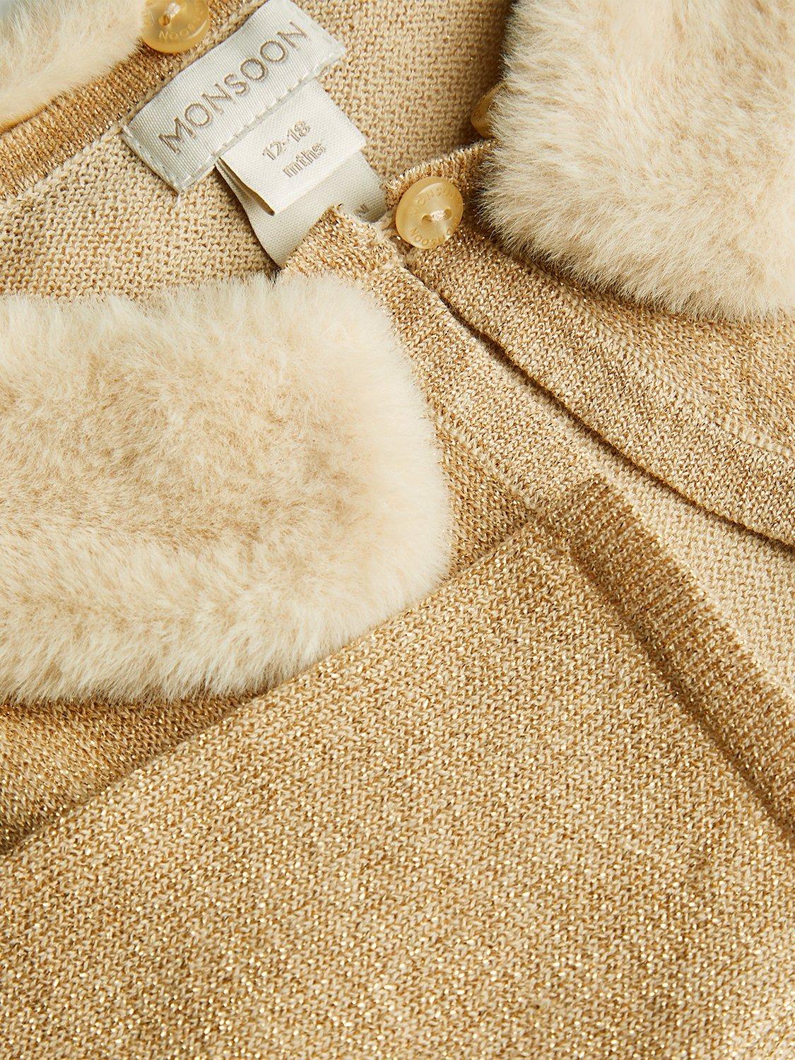 Monsoon Baby Faux Fur Collar Cotton Blend Cardigan Gold