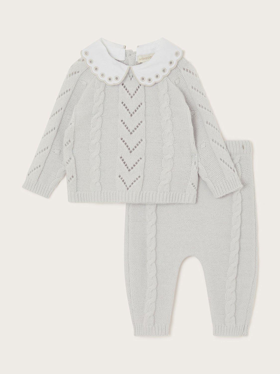 Monsoon Baby Cable Knitted Embroidered Collar Top & Trousers Set, Grey