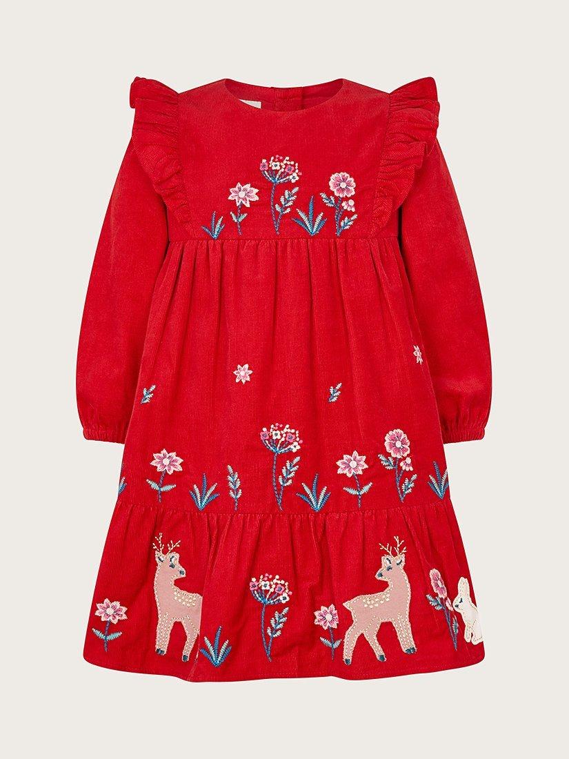 Monsoon Baby Floral Woodland Embroidered Cord Dress, Red