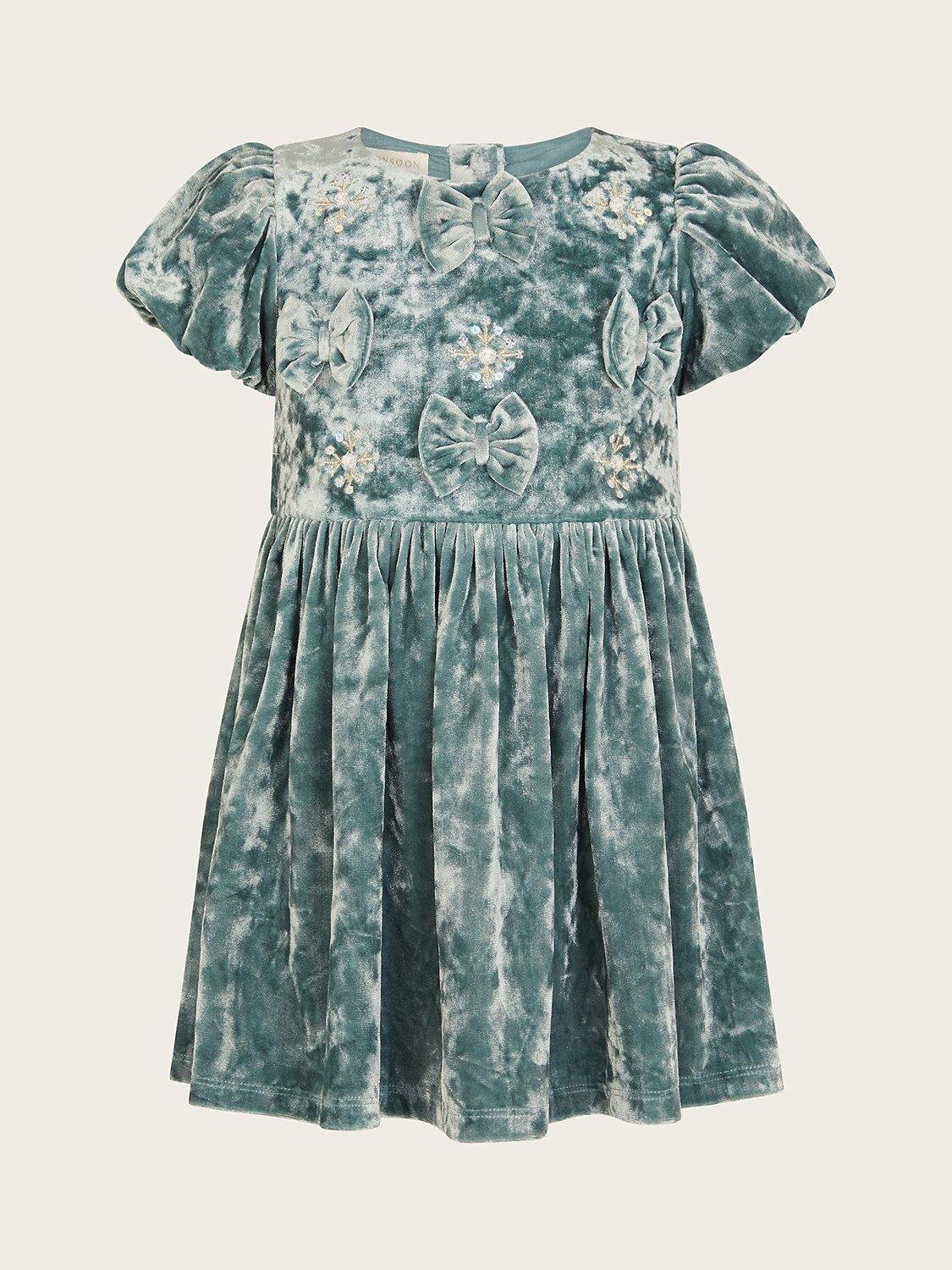 Monsoon Baby Velvet Bow Puff Sleeve Dress, Green