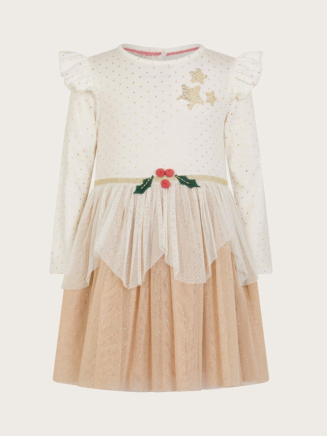 Monsoon Baby Christmas Pudding Glitter Spot Dress, Neutral/Multi