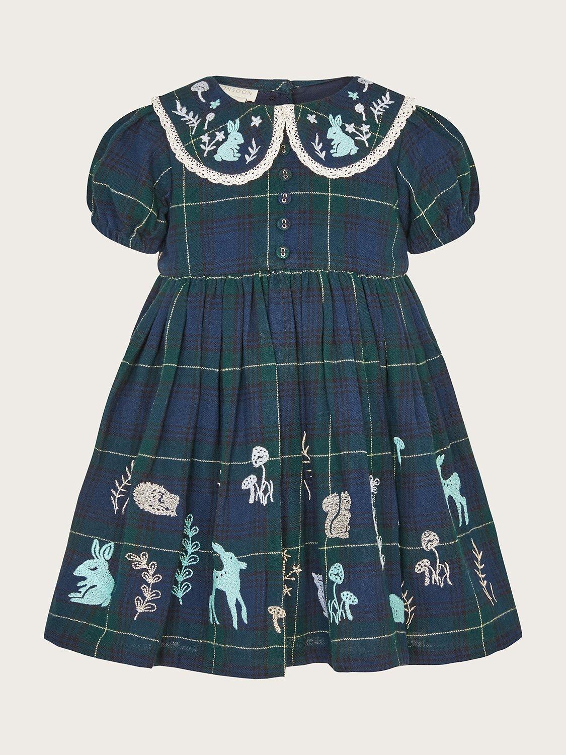 Monsoon Baby Woodland Embroidered Tartan Dress Navy