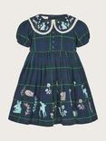 Monsoon Baby Woodland Embroidered Tartan Dress, Navy