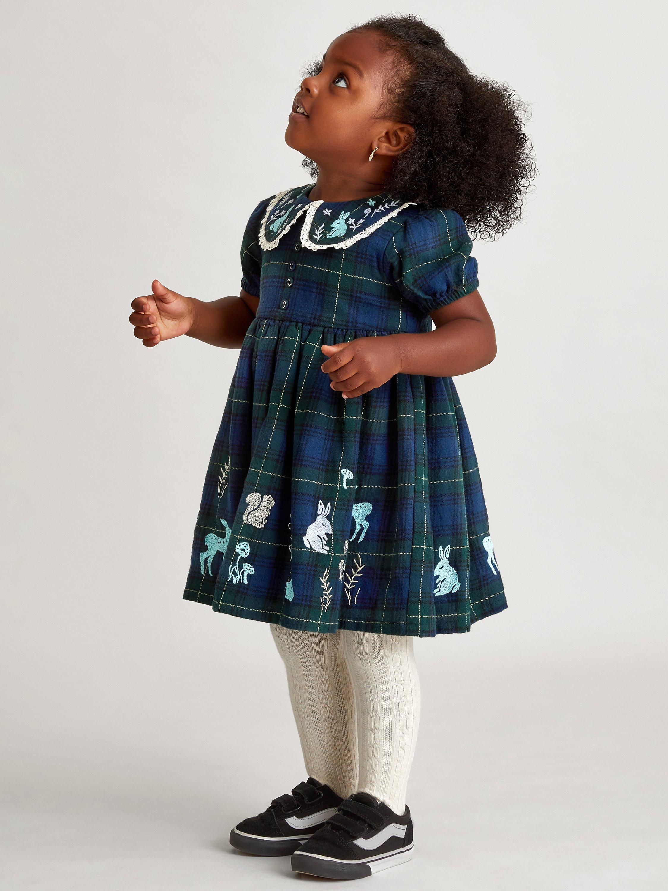 Product image 2 of 4, which shows Monsoon Baby Woodland Embroidered Tartan Dress, Navy, 3-4 years