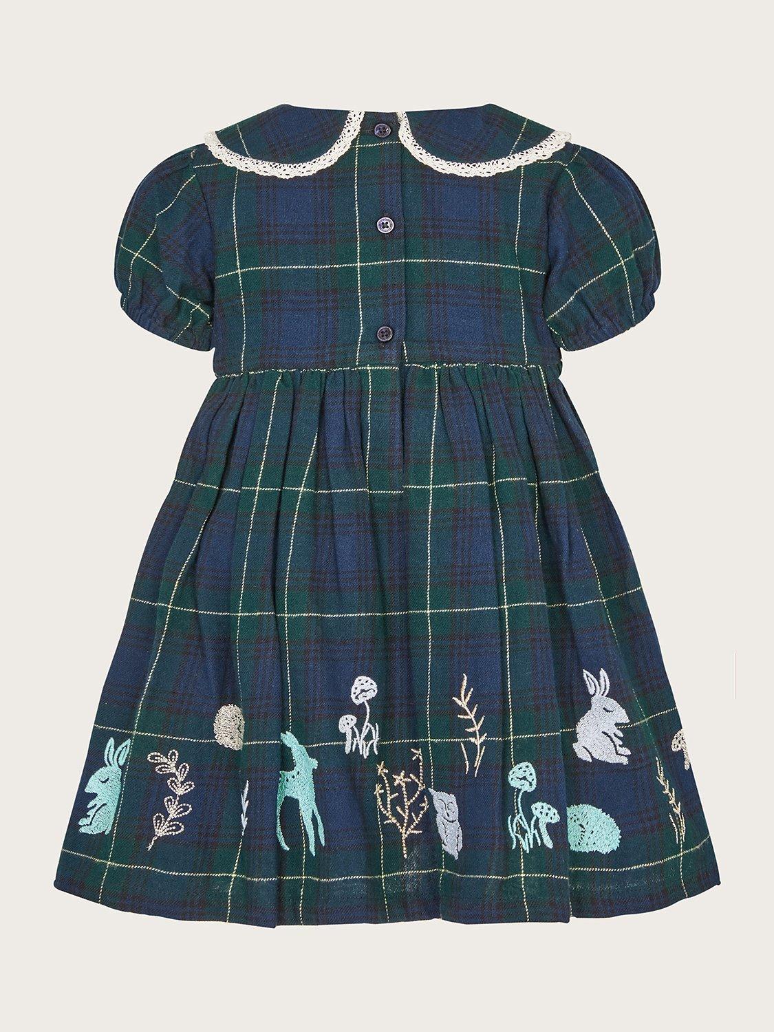 Product image 3 of 4, which shows Monsoon Baby Woodland Embroidered Tartan Dress, Navy, 3-4 years