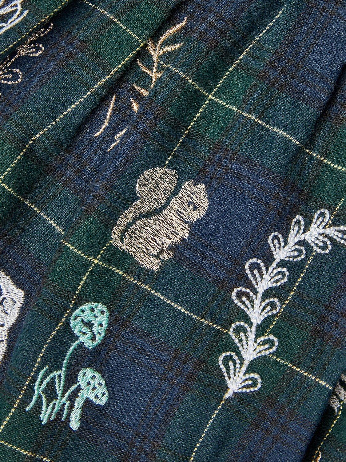 Product image 4 of 4, which shows Monsoon Baby Woodland Embroidered Tartan Dress, Navy, 3-4 years