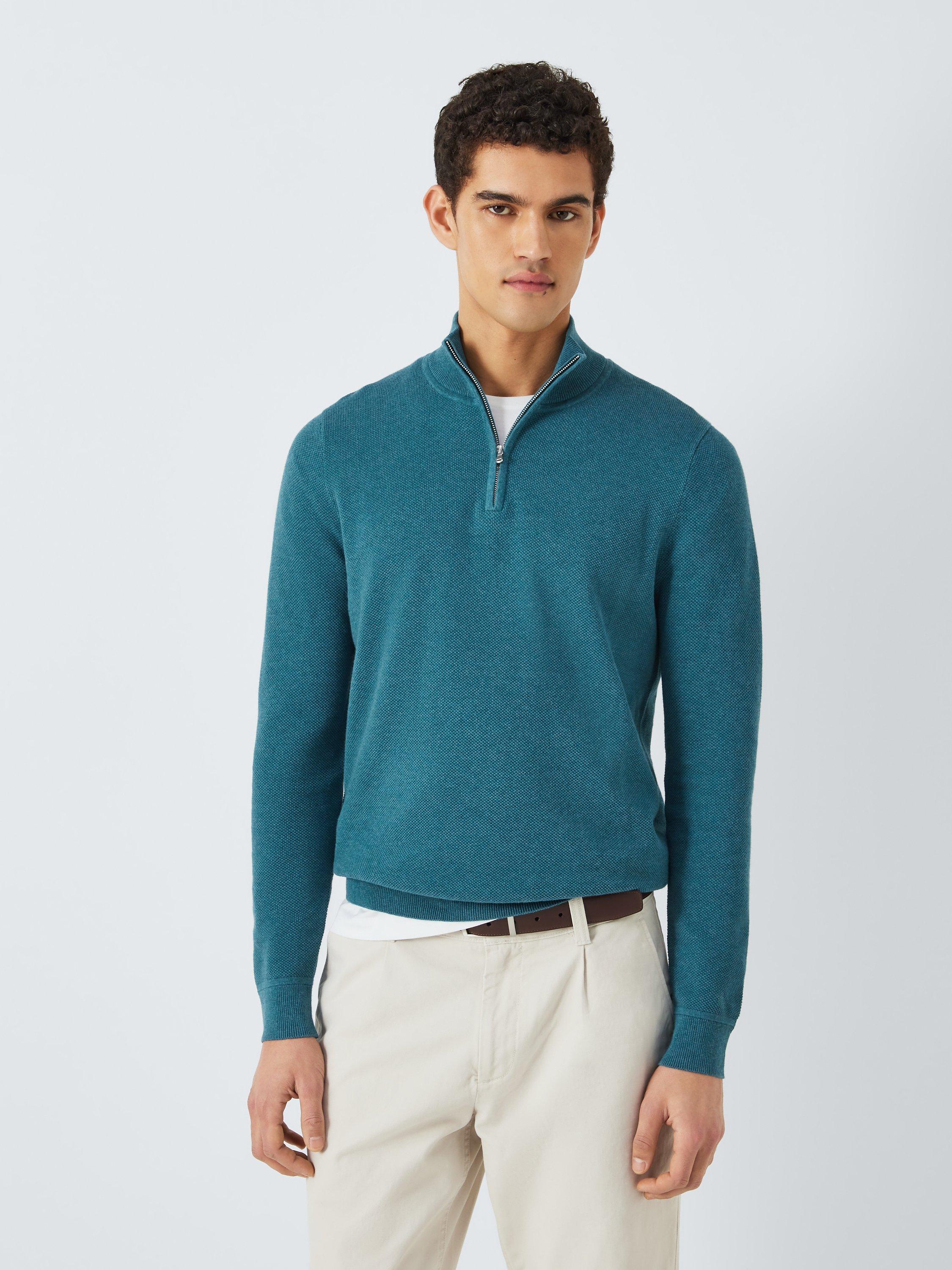 John Lewis Cotton Zip Neck Jumper, Blue Teal, L