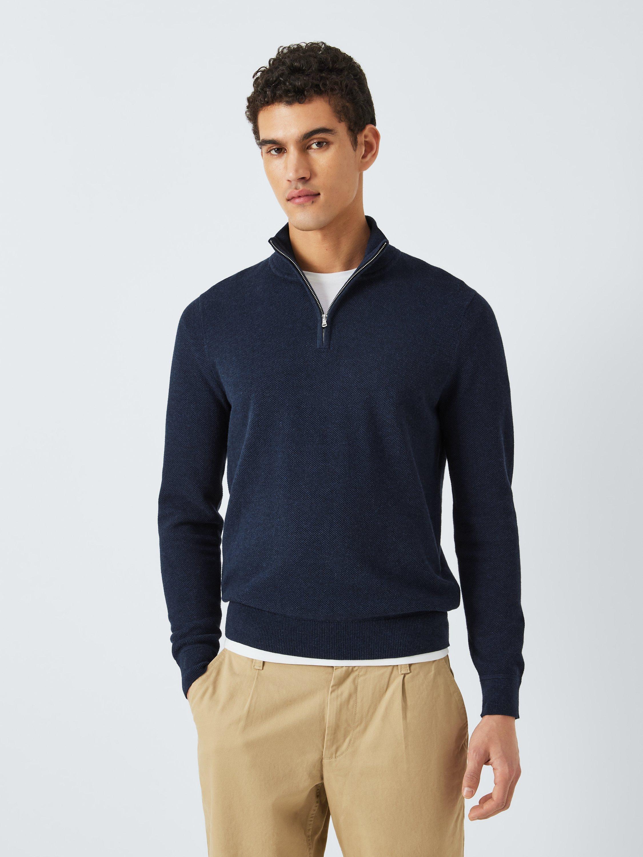 John Lewis Cotton Zip Neck Jumper, Blue Navy