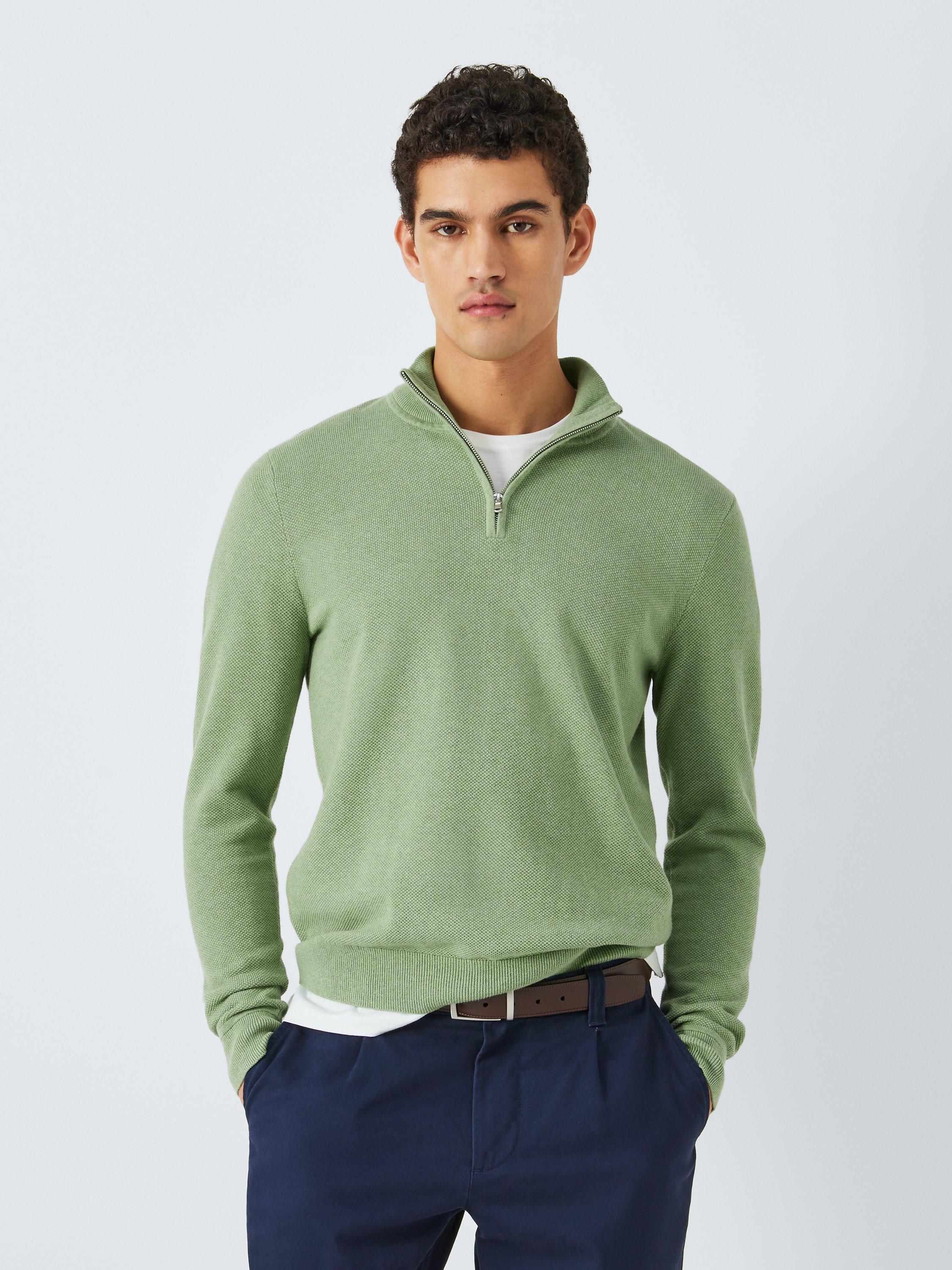 John Lewis Cotton Zip Neck Jumper, Green Light