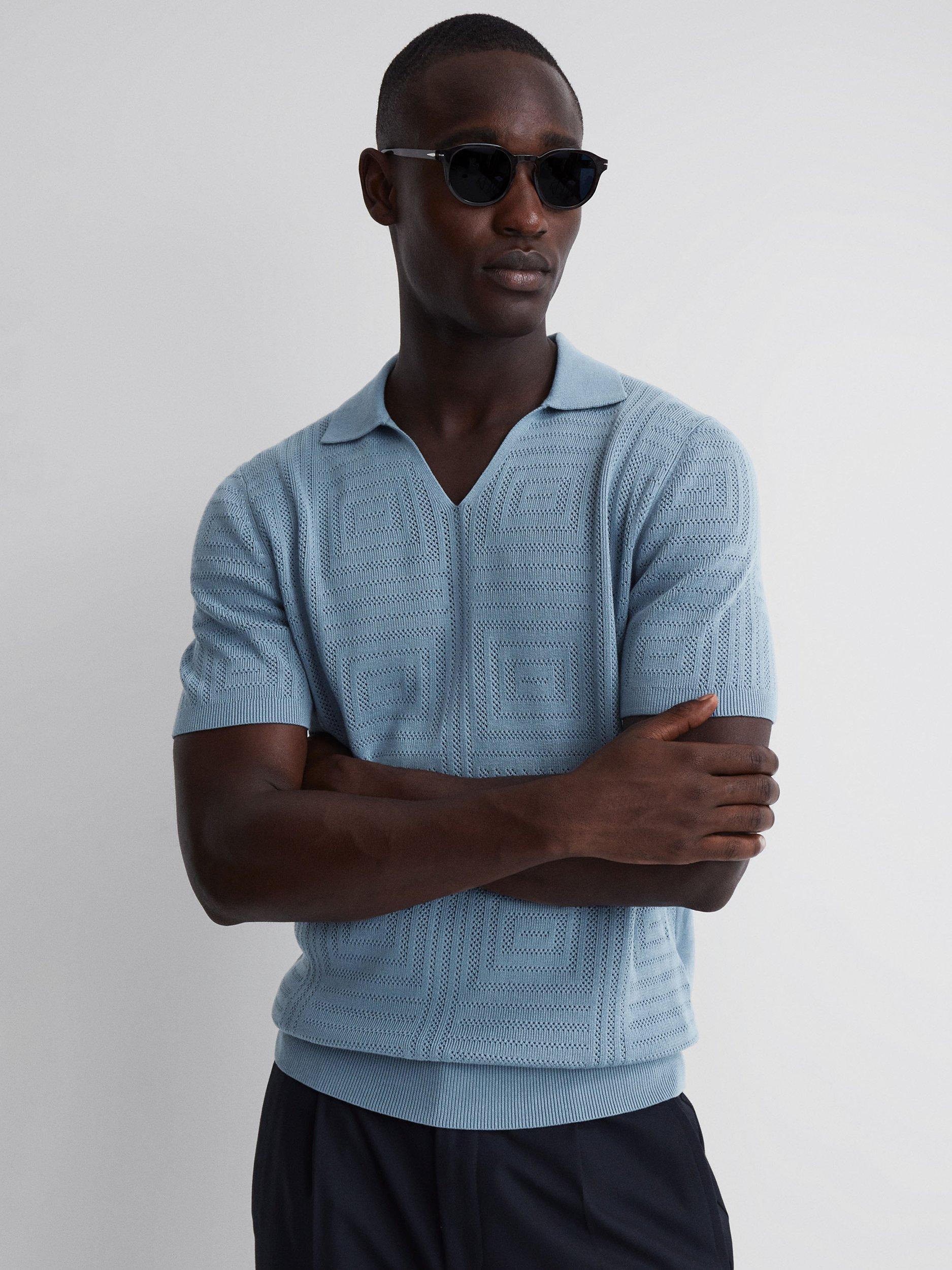 Reiss Thames Textured Knit Polo Shirt, Porcelain Blue